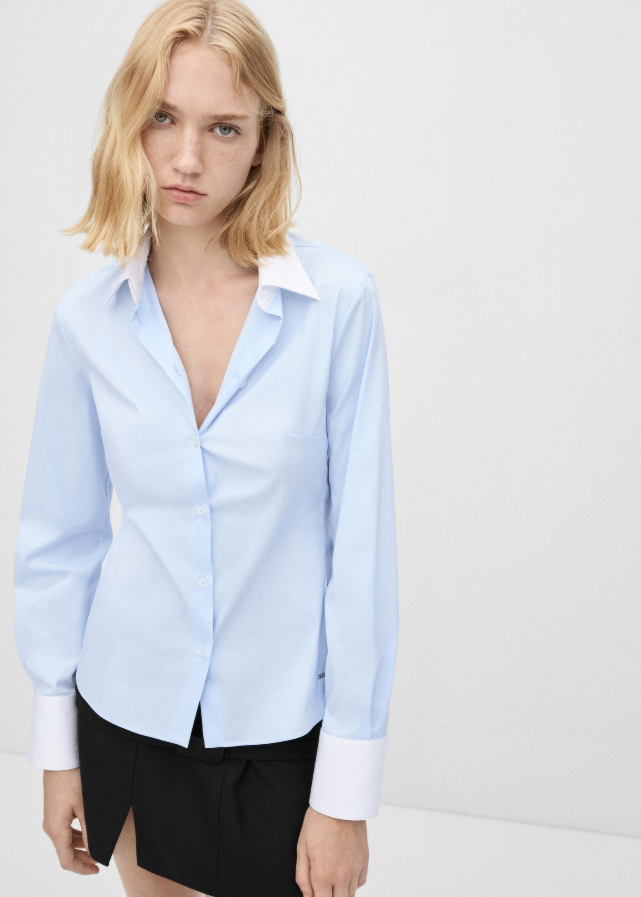 Poplin shirt with contrasting details - Medium plane, Sky Blue. Ref: 77096757-00.