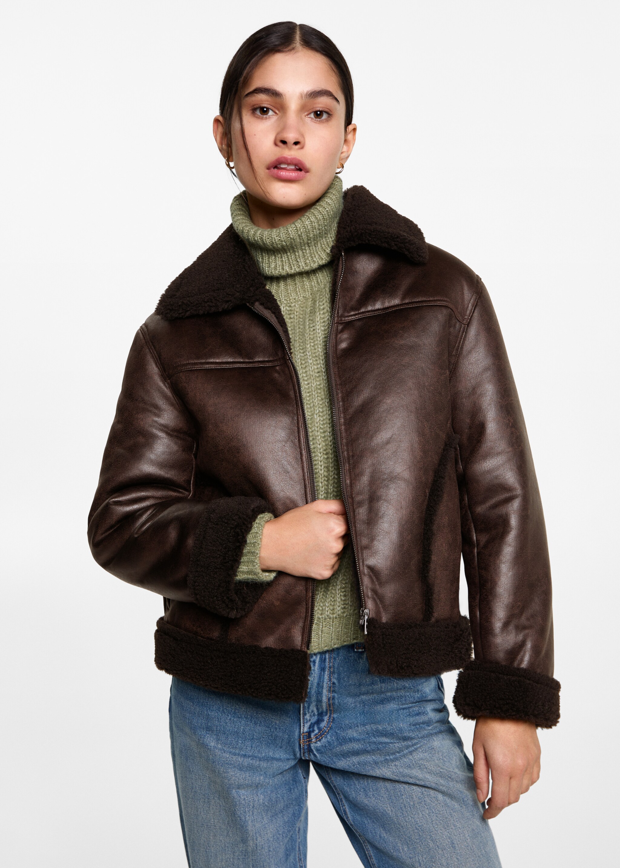 Blouson simili-cuir imitation mouton retourné - Plan moyen, Marron. Ref: 77097668-00.