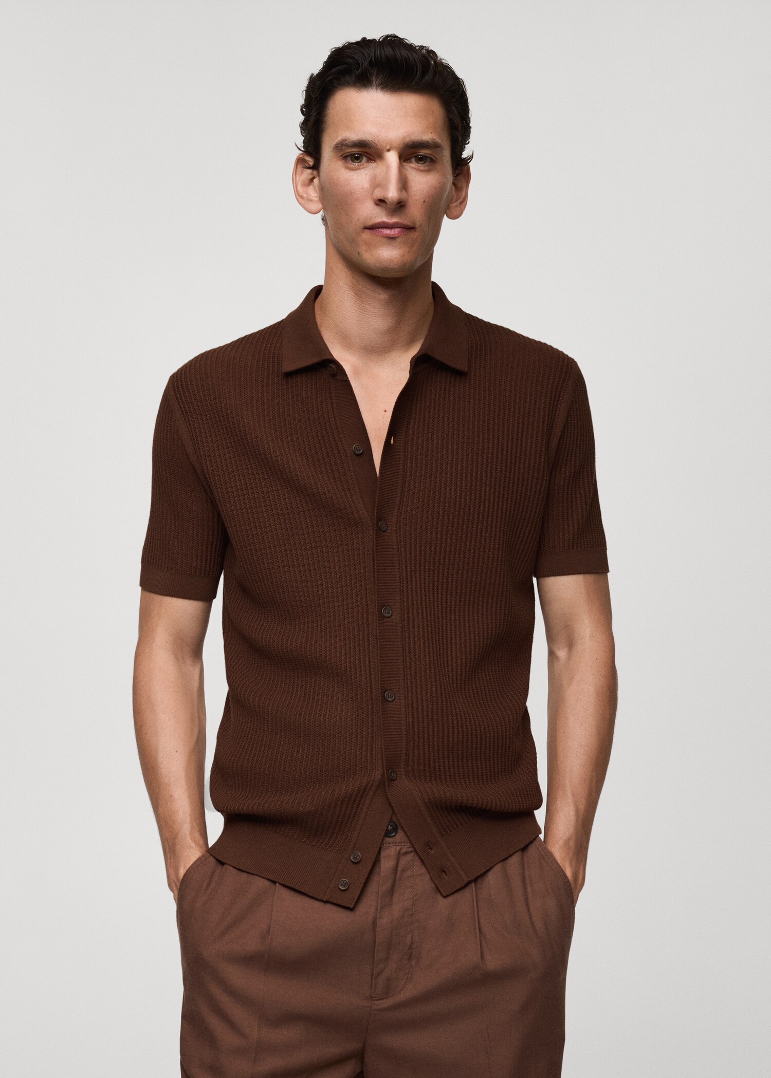 Fine-knit ribbed polo shirt with buttons - Medium plane