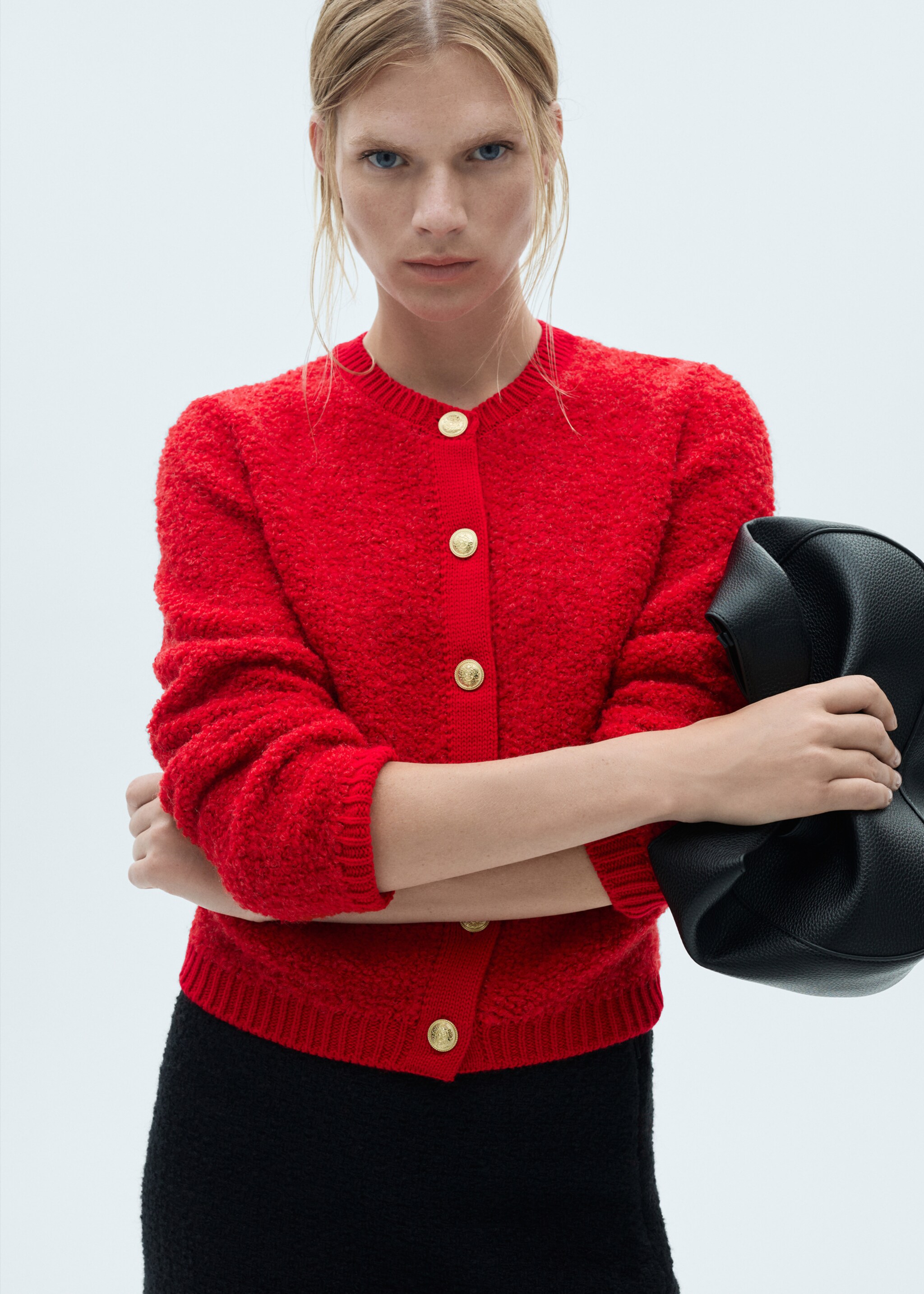 Curly-knit cardigan with jewel buttons - Medium plane, Red. Ref: 77097709-00.