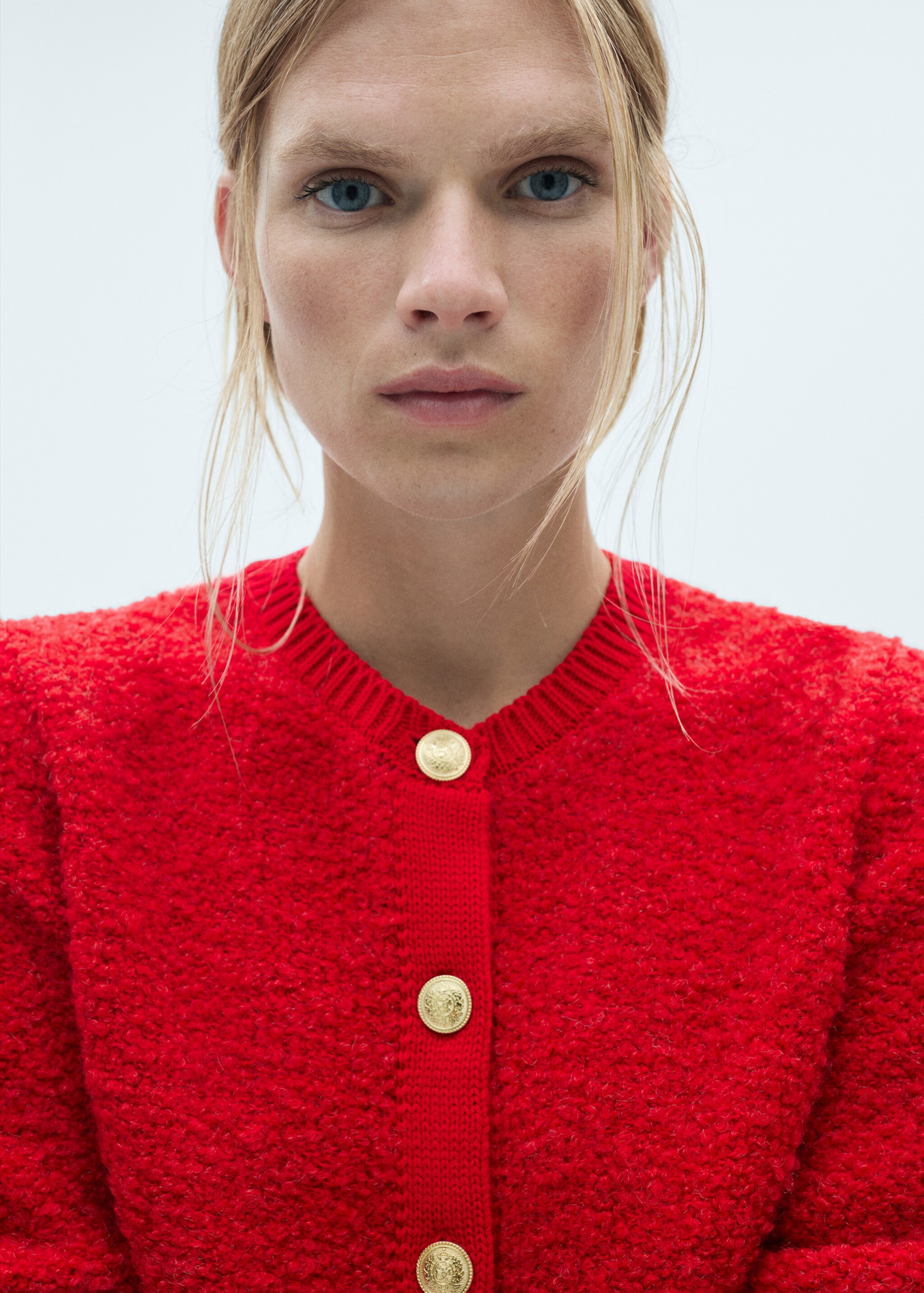 Curly-knit cardigan with jewel buttons - Details of the article 1, Red. Ref: 77097709-00.