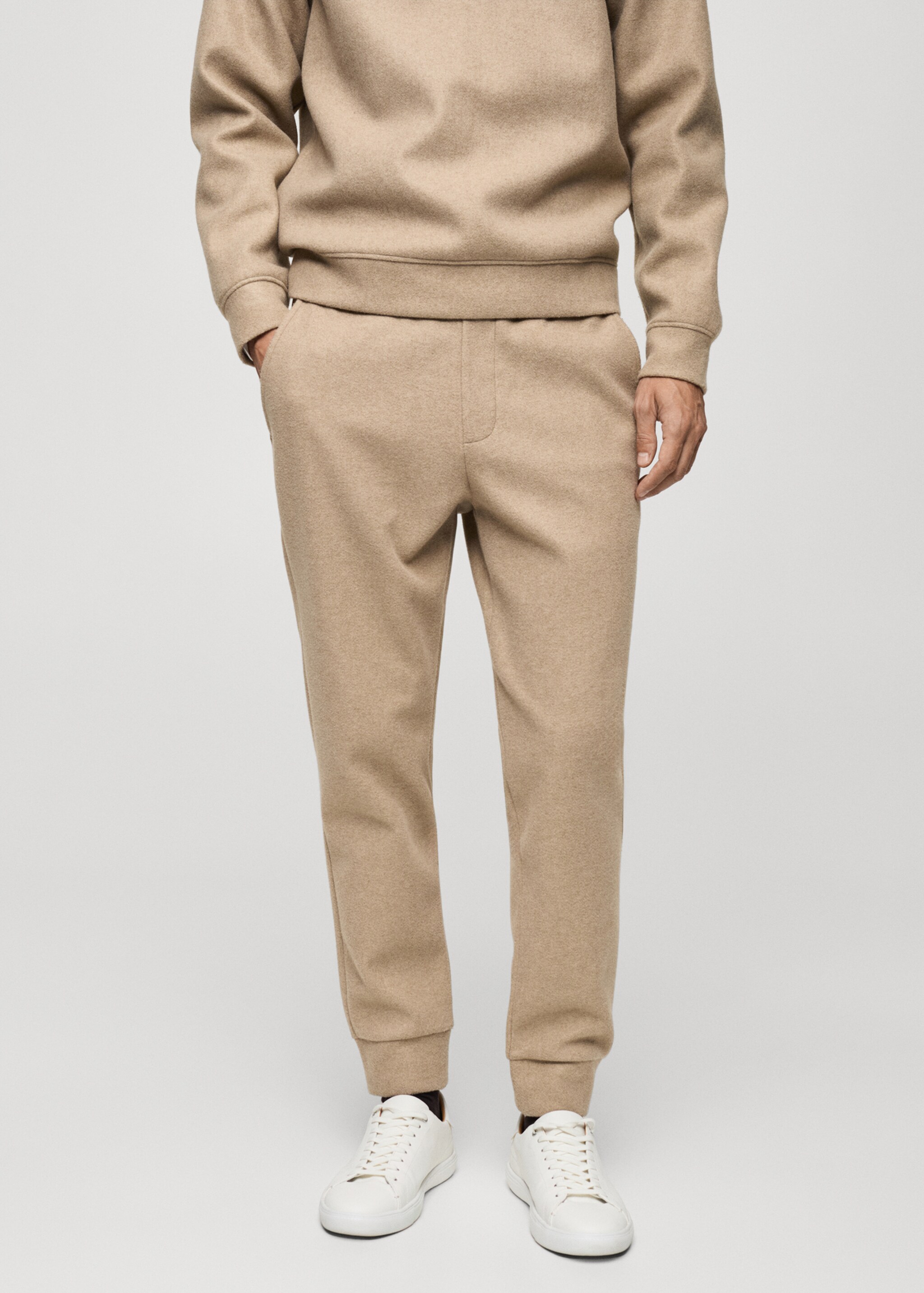 Flannel joggers with drawstring - Medium plane, Beige. Ref: 77097919-00.