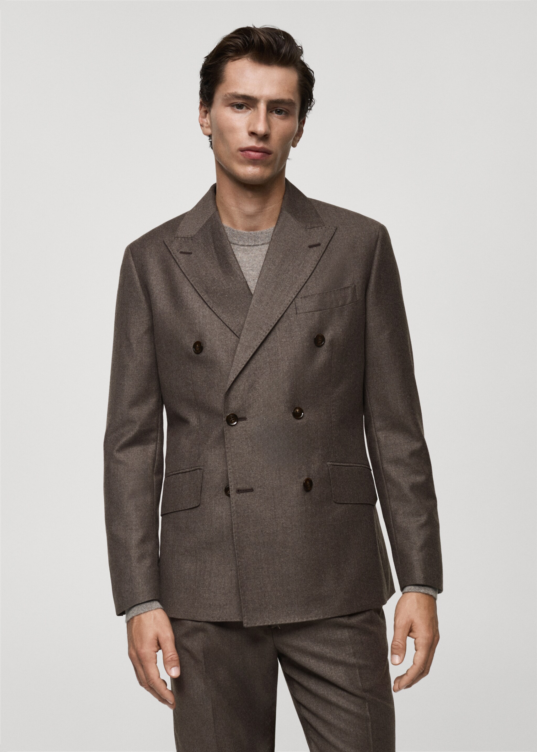 Veste costume flanelle 100 % laine italienne - Plan moyen, Marron. Ref: 77097930-00.