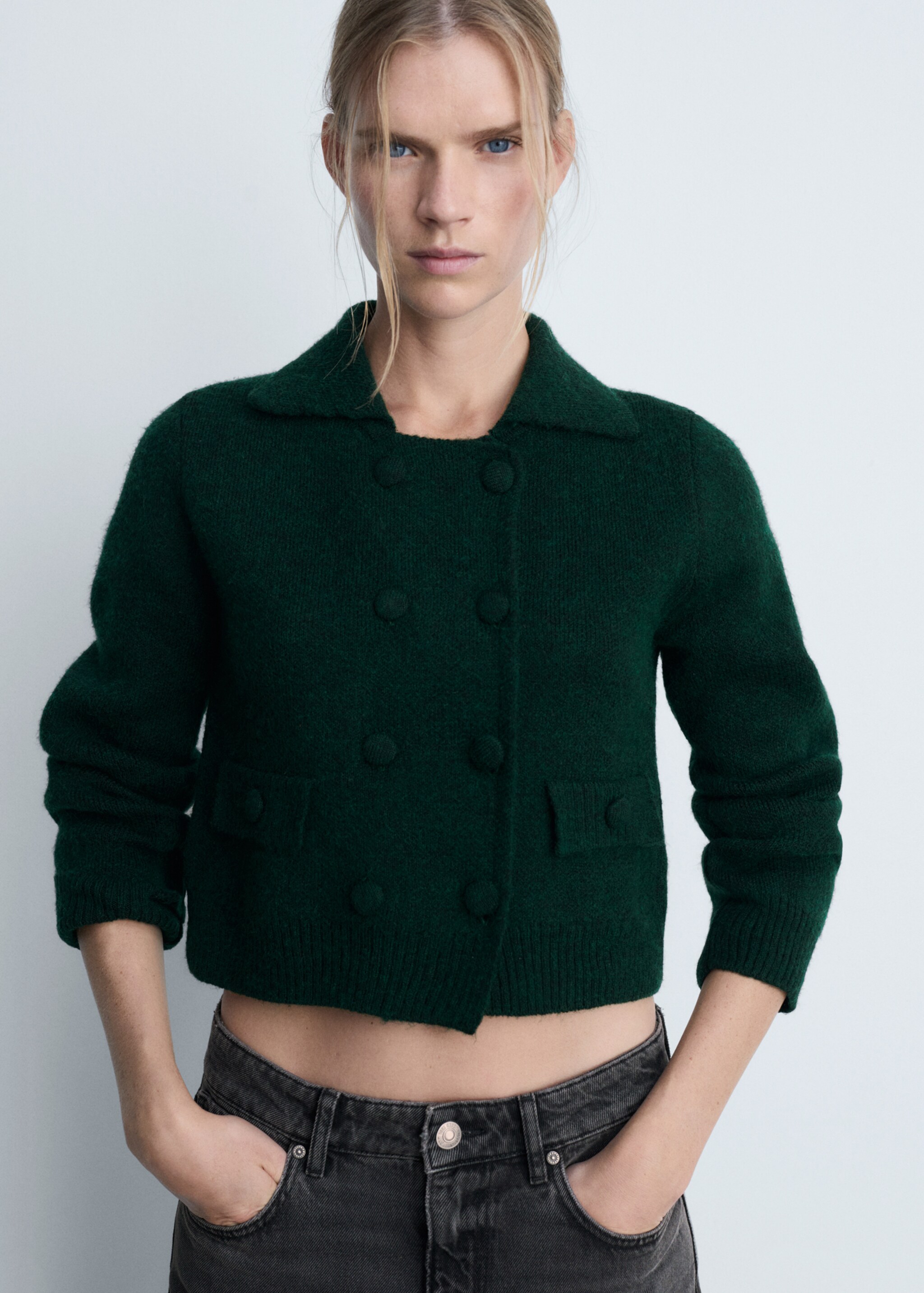 Double-breasted knitted jacket - Medium plane, Green. Ref: 77099054-00.