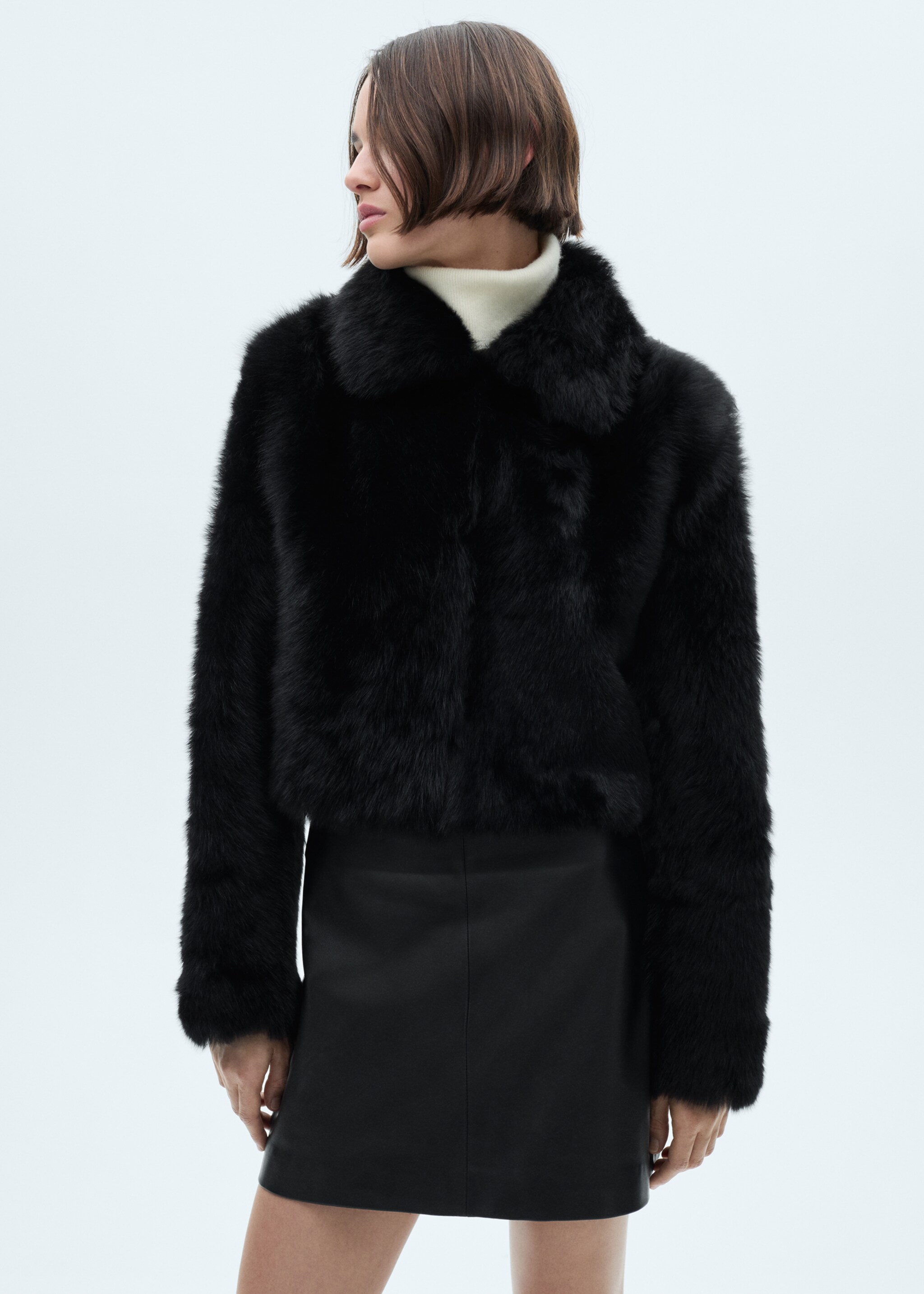 Cropped fur leather coat - Medium plane, Black. Ref: 77099063-00.