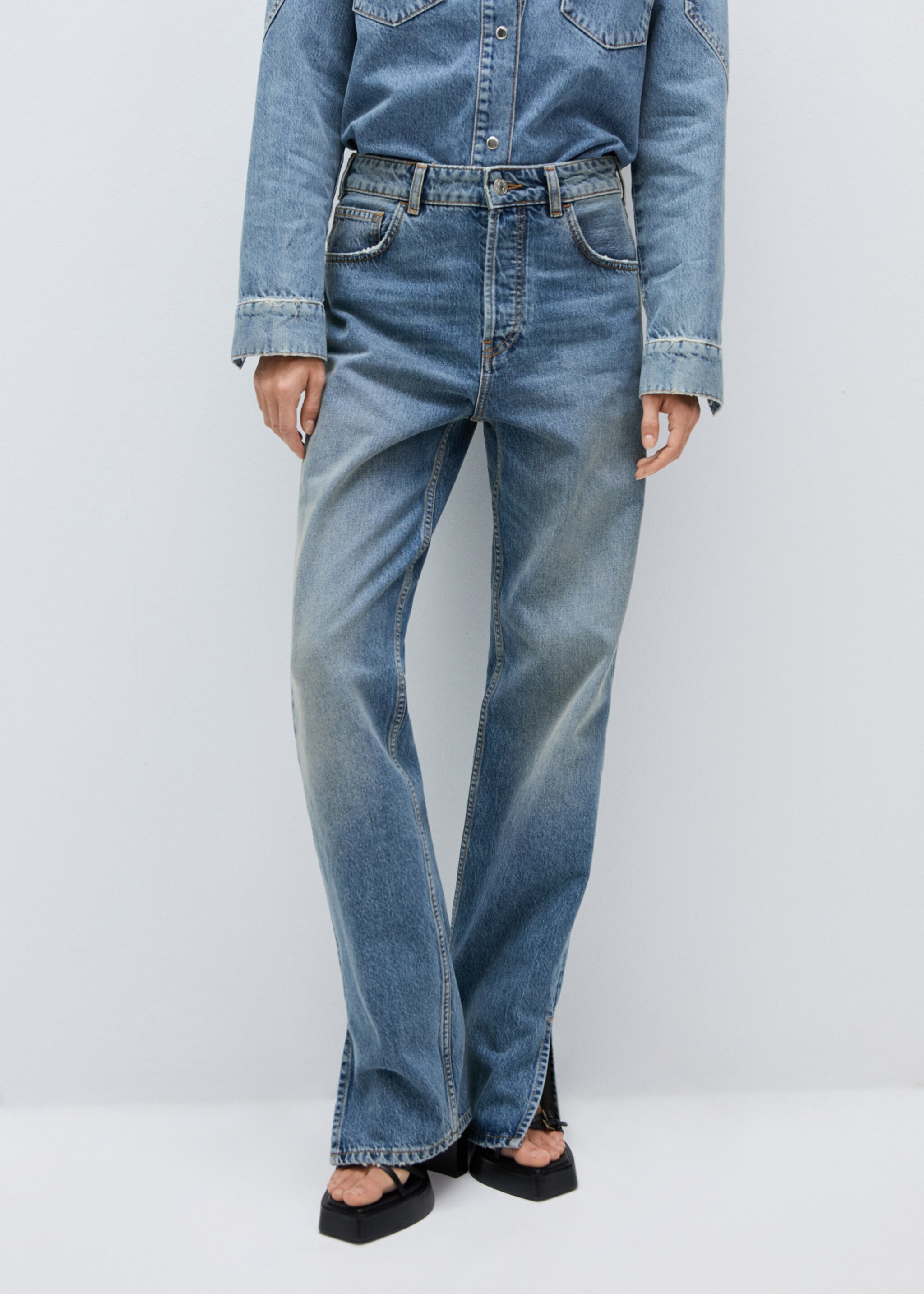 Medium-rise straight jeans with slits - Medium plane, Dark Blue. Ref: 77974068-00.