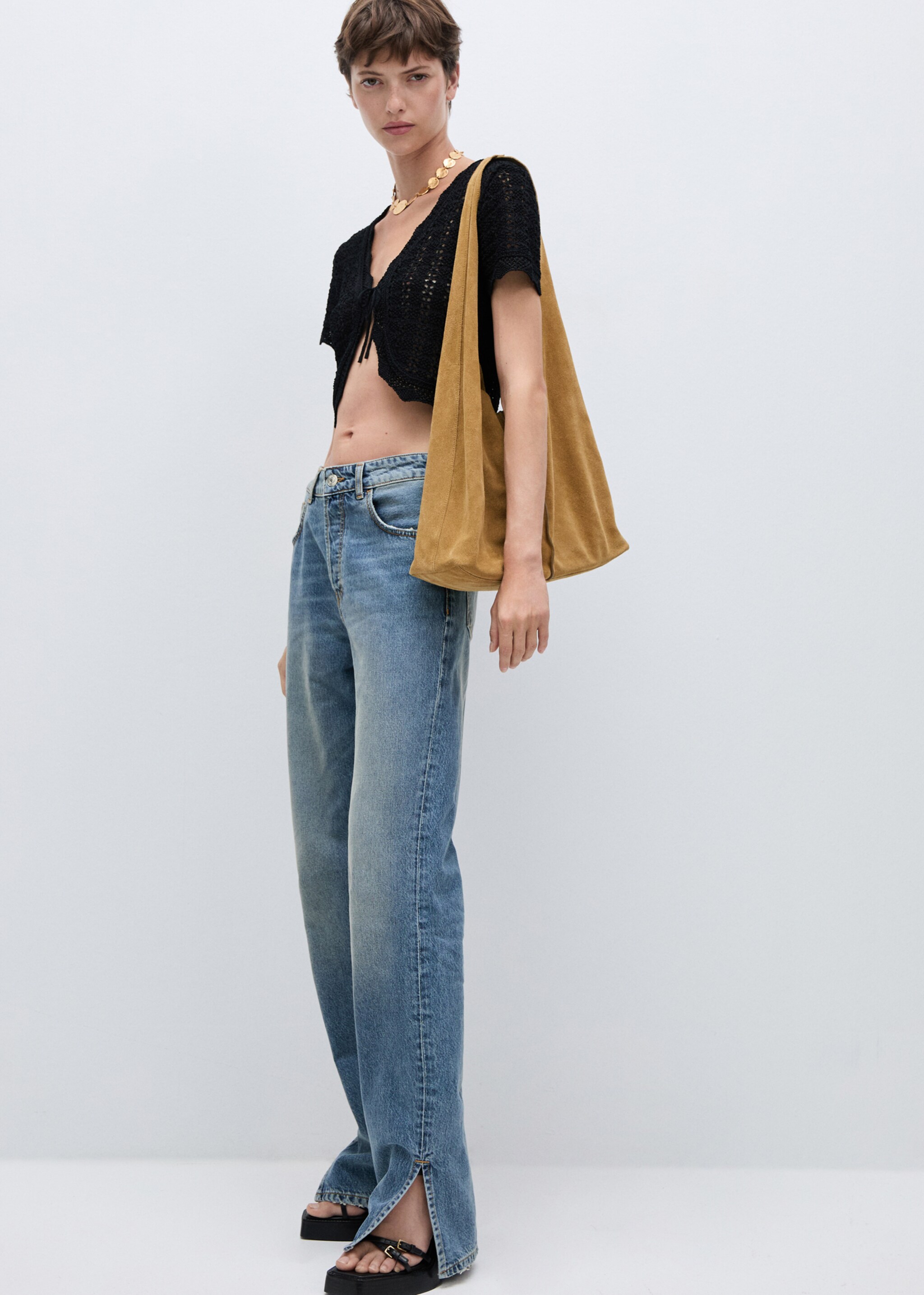 Medium-rise straight jeans with slits - Details of the article 2, Dark Blue. Ref: 77974068-00.