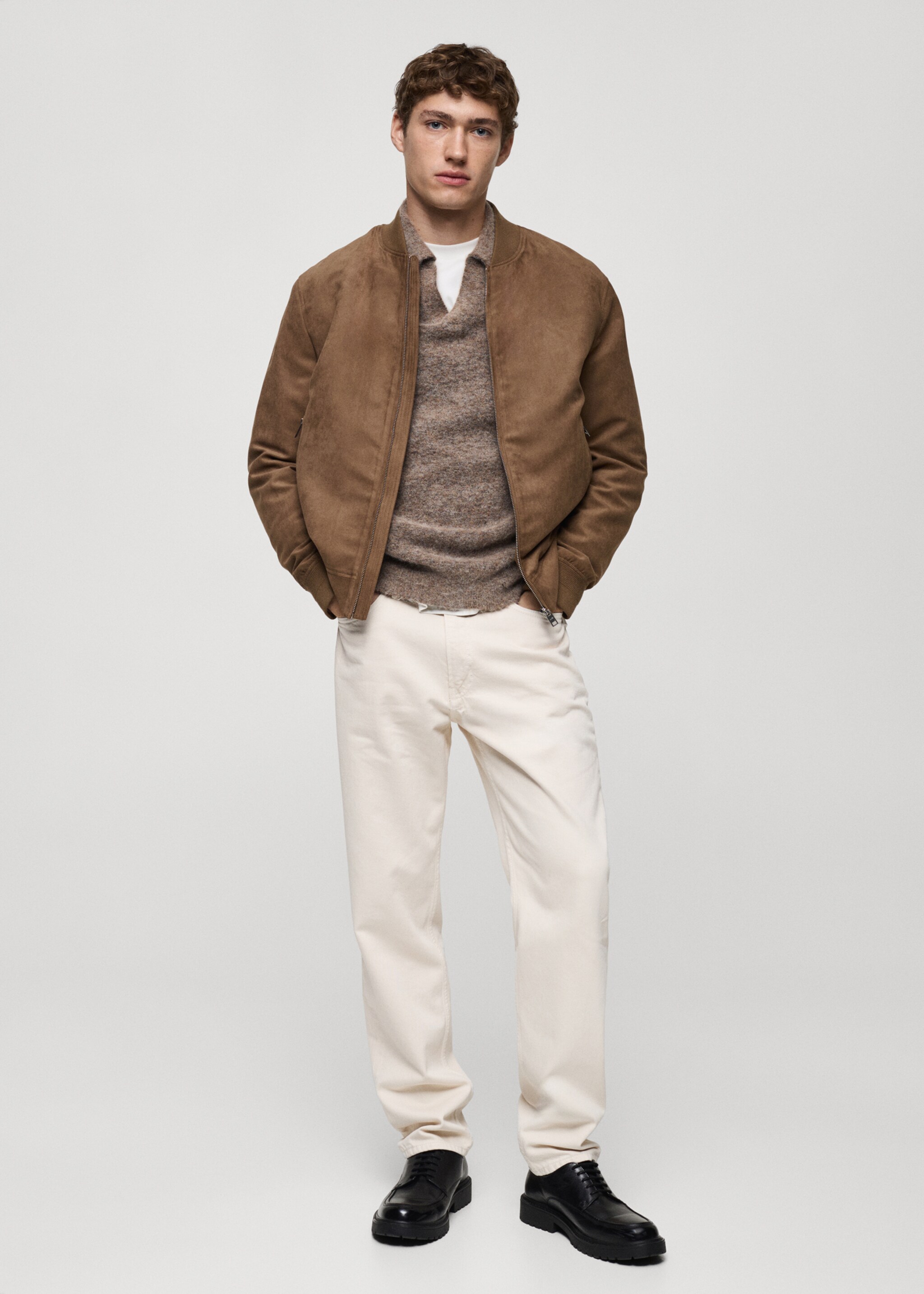 Cazadora bomber efecto ante - Plano general, Beige. Ref: 77000571-00.