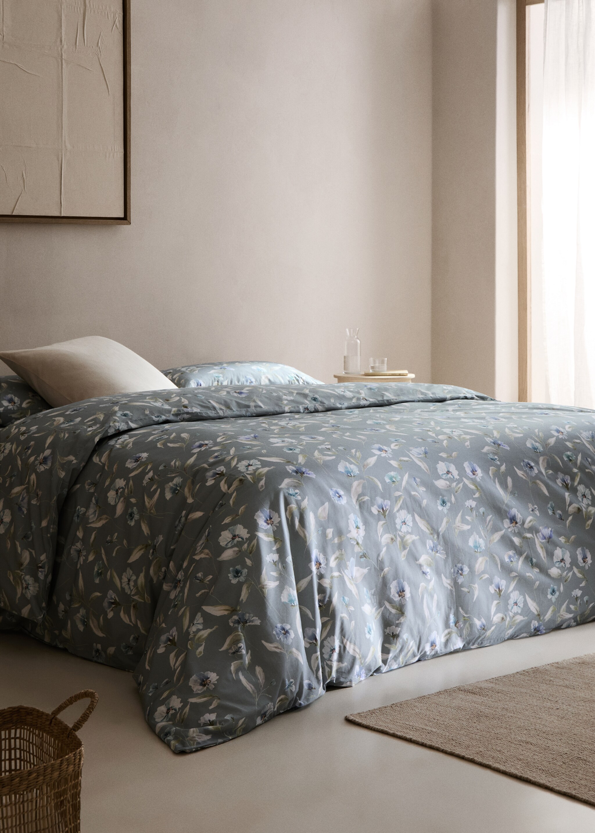 Housse de couette 100 % coton fleurs lit 90 cm - Plan général, Vert d´eau. Ref: 77000633-00.
