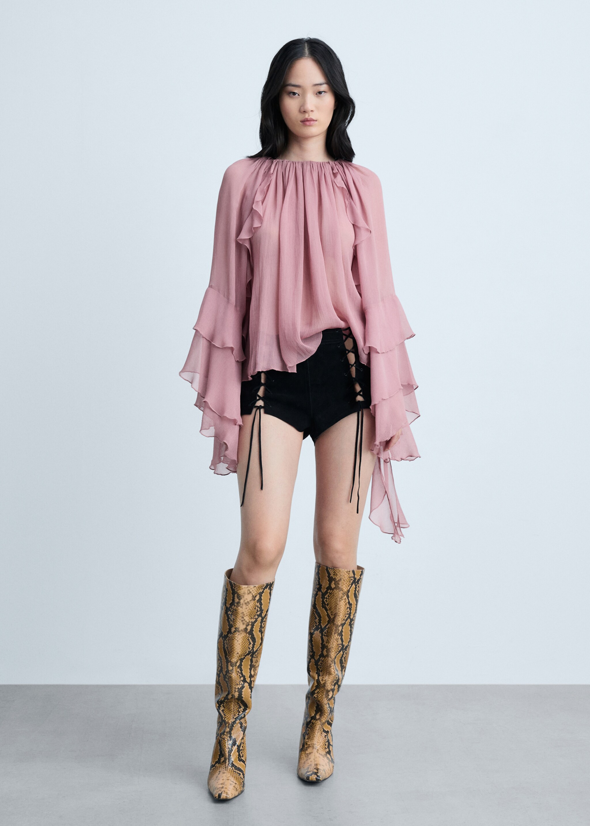 Ruffled chiffon blouse - General plane, Pastel Pink. Ref: 77004800-00.