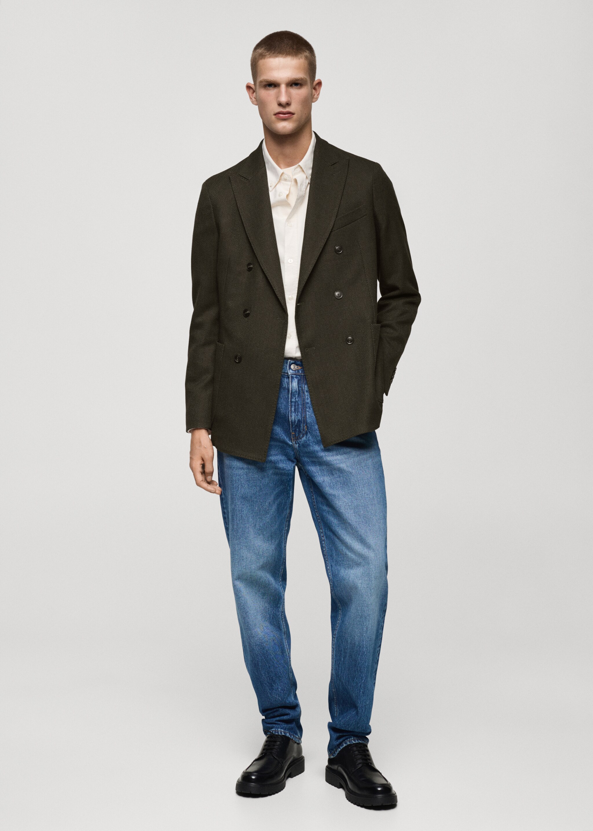 Herringbone slim-fit double-breasted jacket - General plane, Green. Ref: 77005974-00.