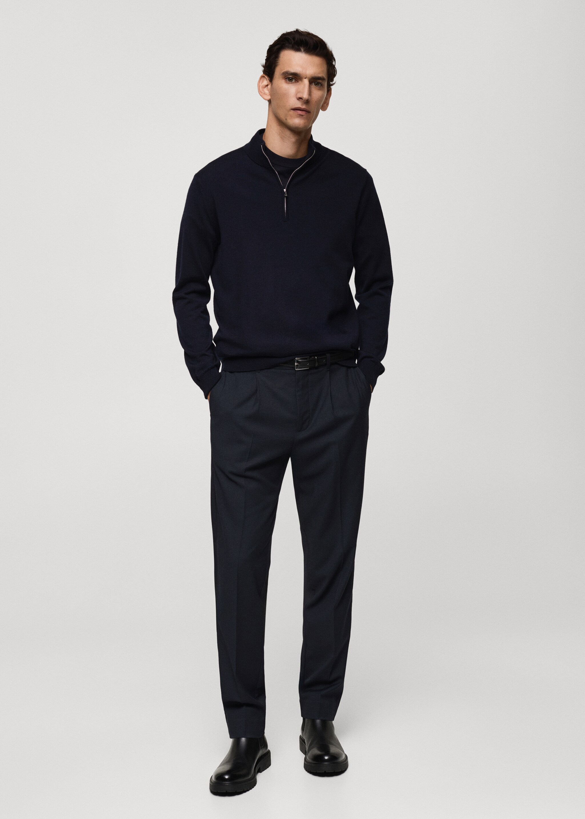 Jersey 100% lana merino cuello cremallera - Plano general, Azul marino oscuro. Ref: 77005979-00.