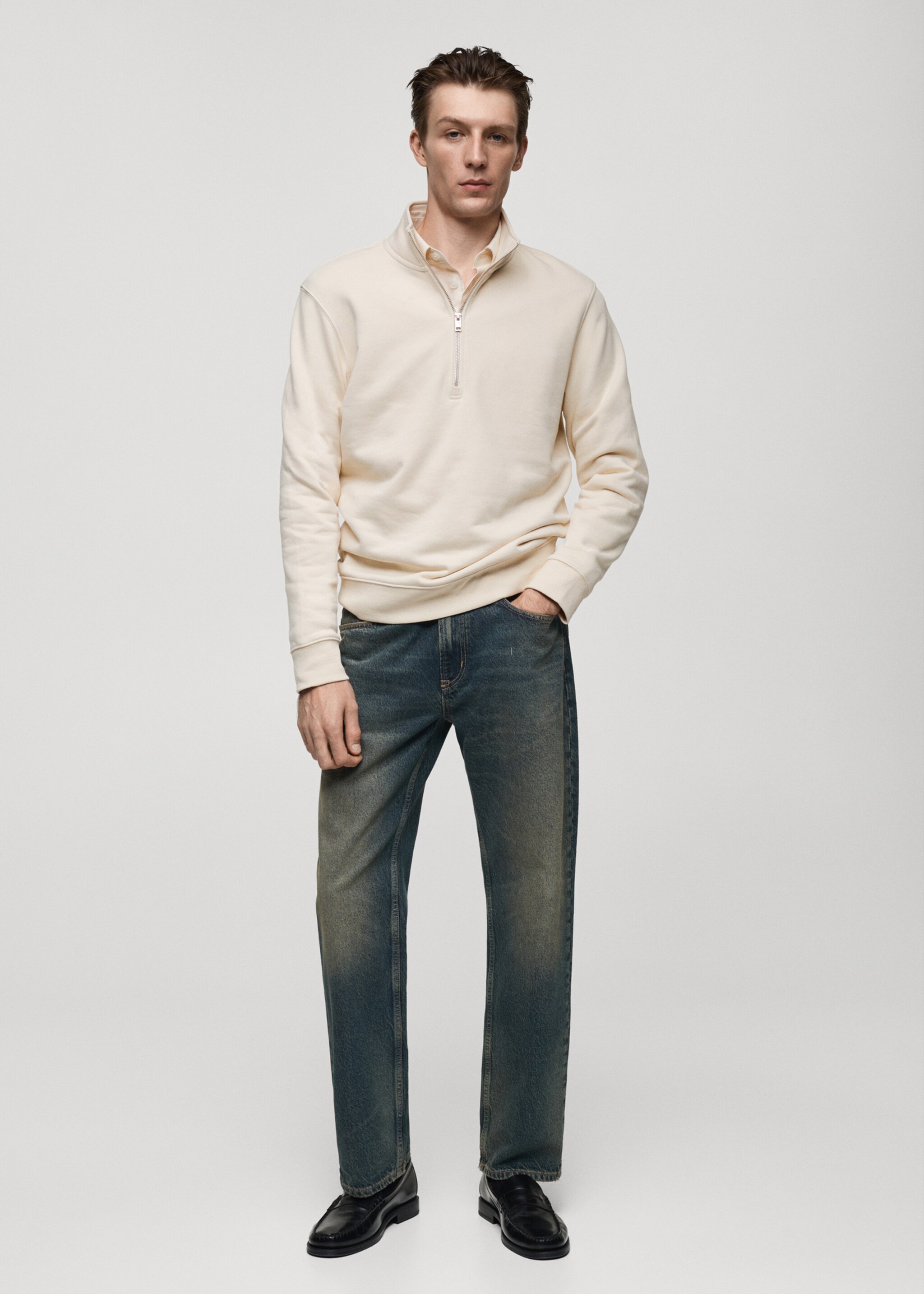 Cotton sweatshirt with zip neck - General plane, Ecru. Ref: 77007119-00.