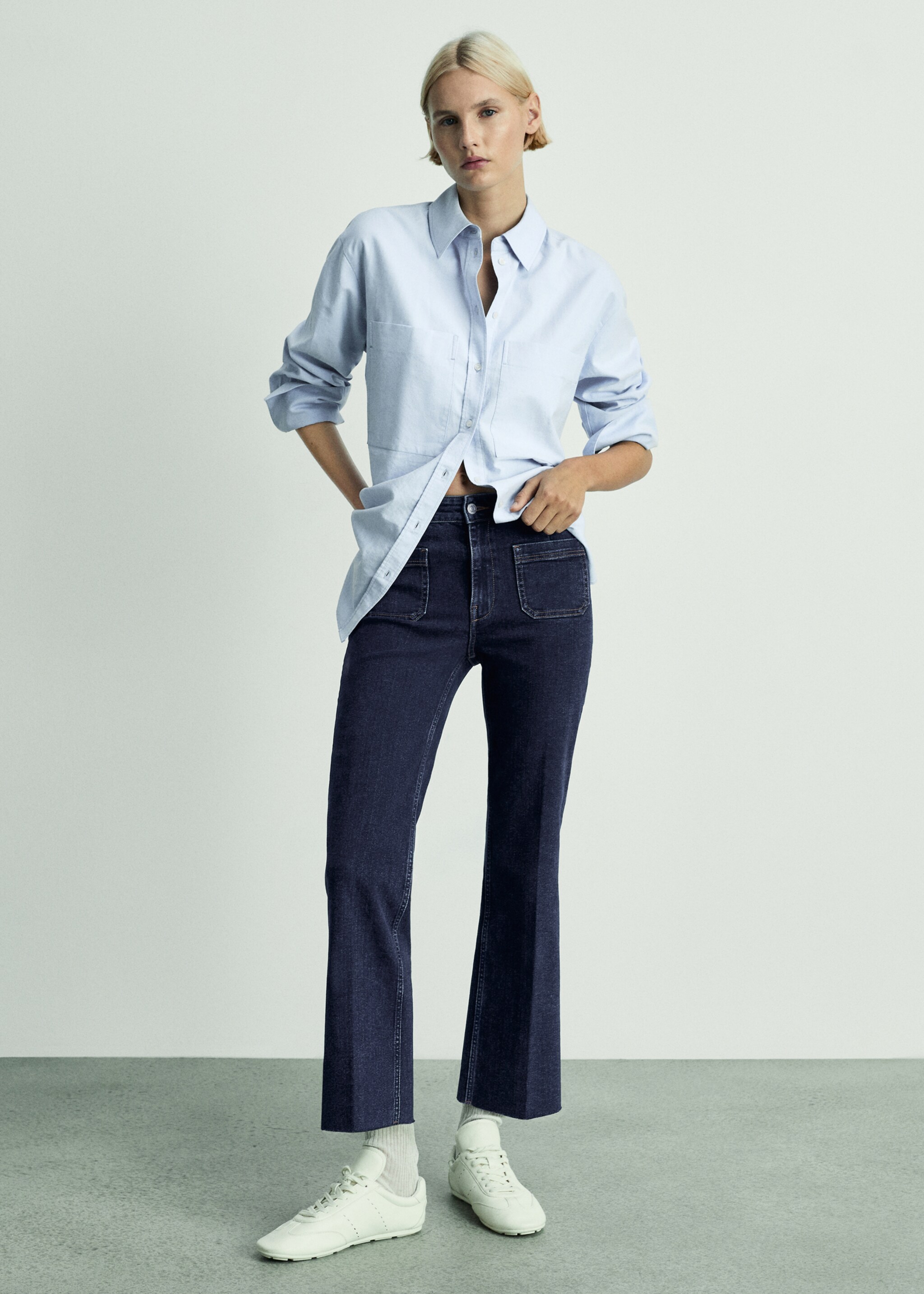 Flared cropped jeans with pockets - General plane, Dark Blue. Ref: 77007126-00.