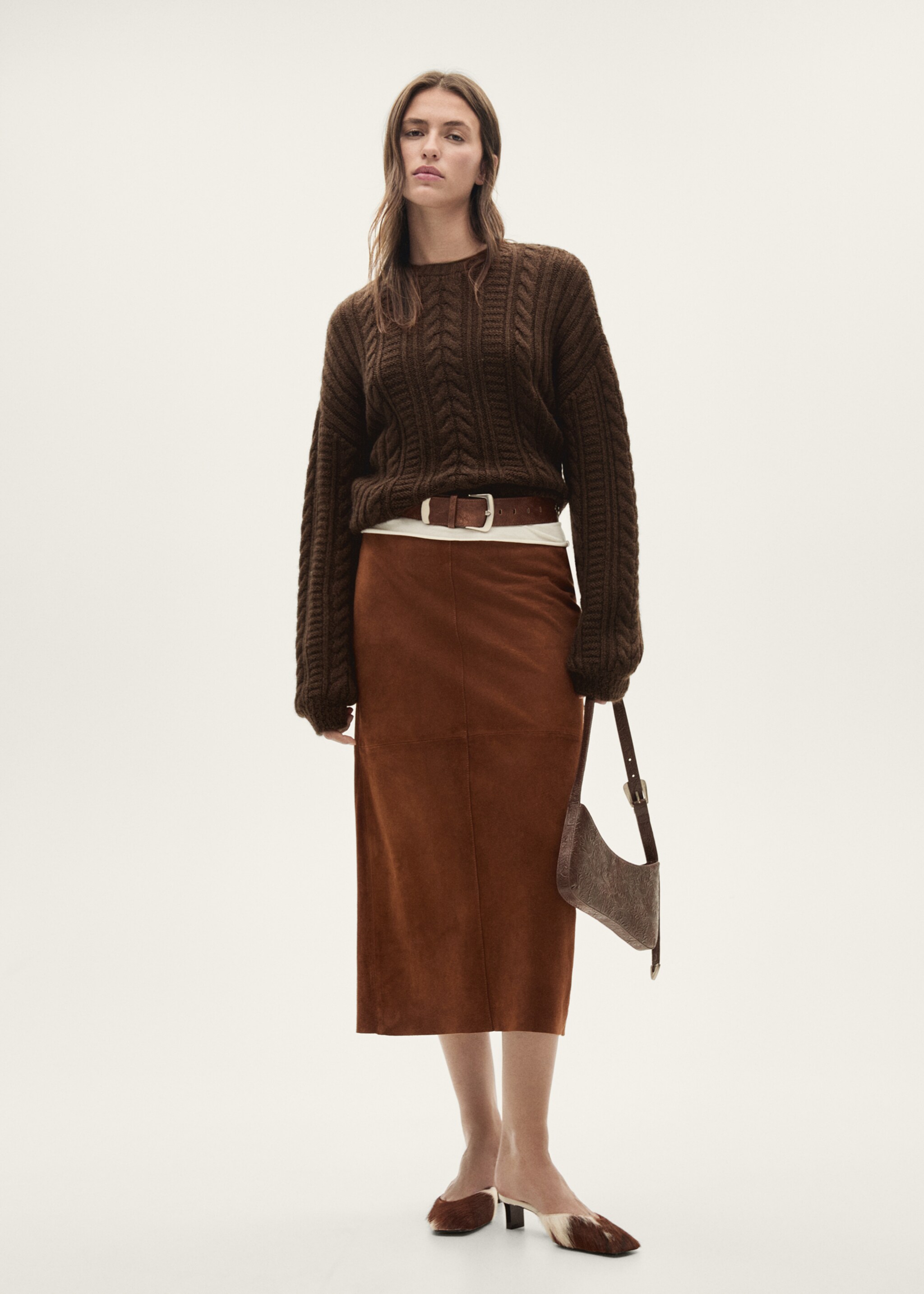 Round-neck braided sweater - General plane, Brown. Ref: 77007678-00.