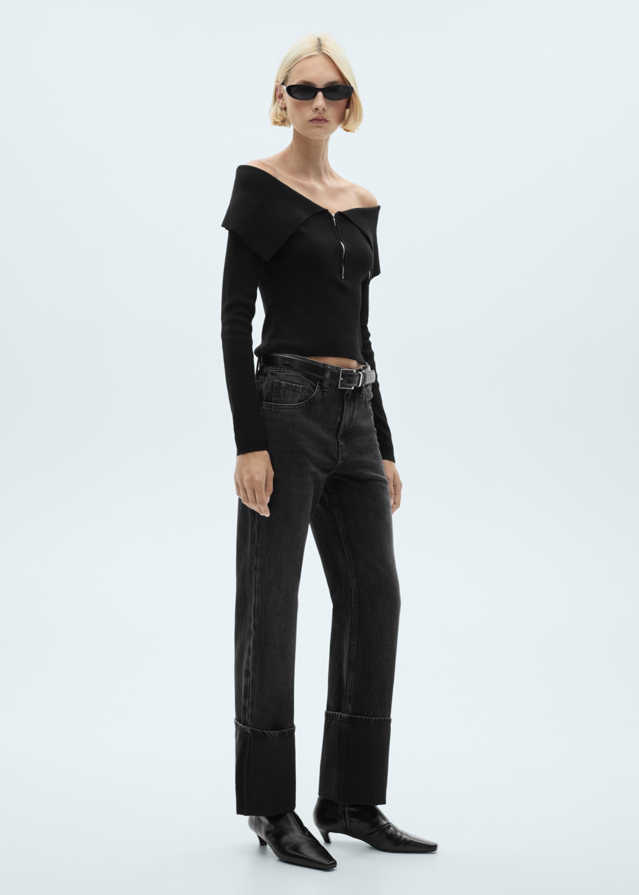 Πουλόβερ off shoulder φερμουάρ - Γενικό πλάνο, Μαύρο. Ref: 77007693-00.