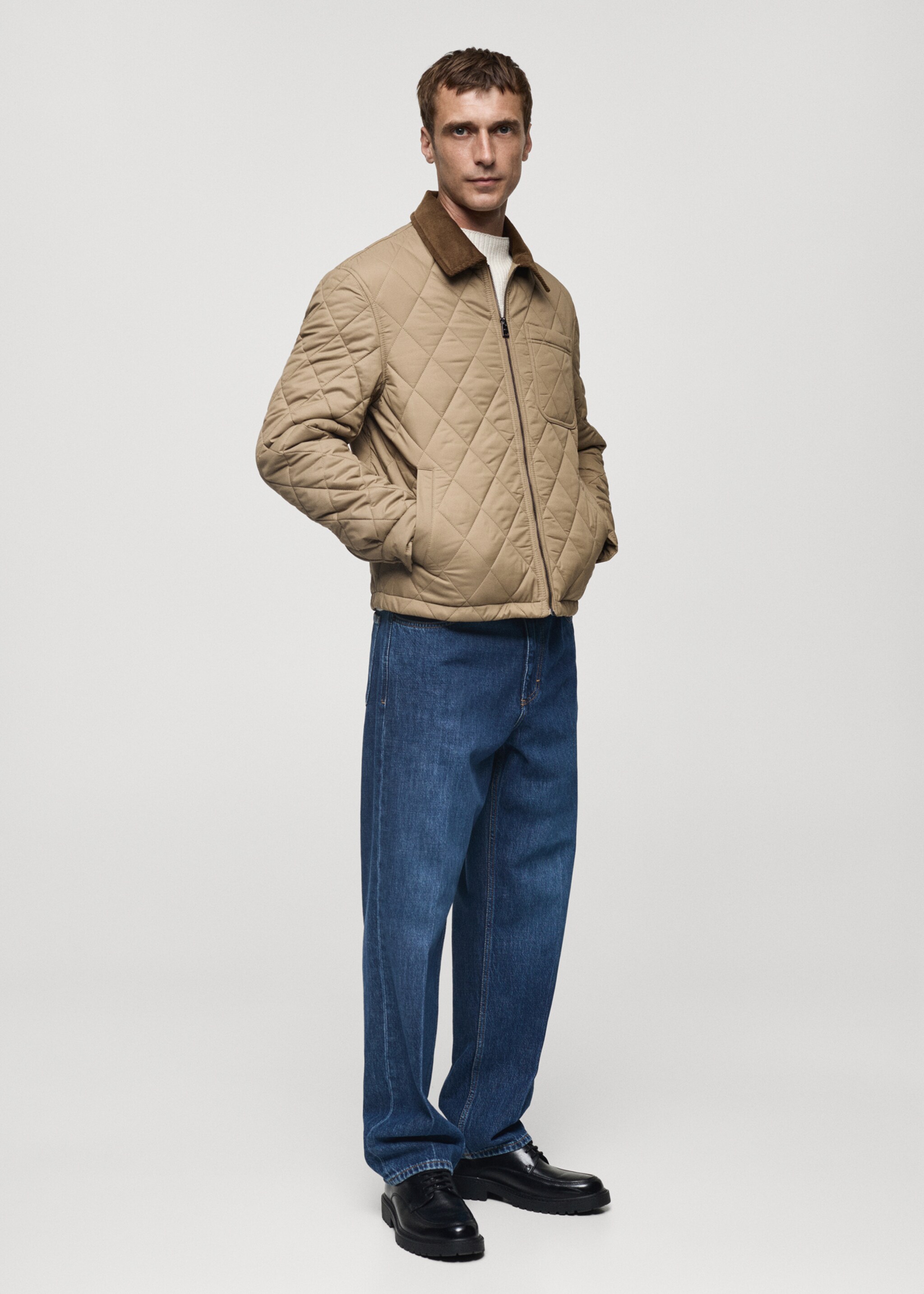 Quilted jacket with corduroy collar - General plane, Beige. Ref: 77007922-00.