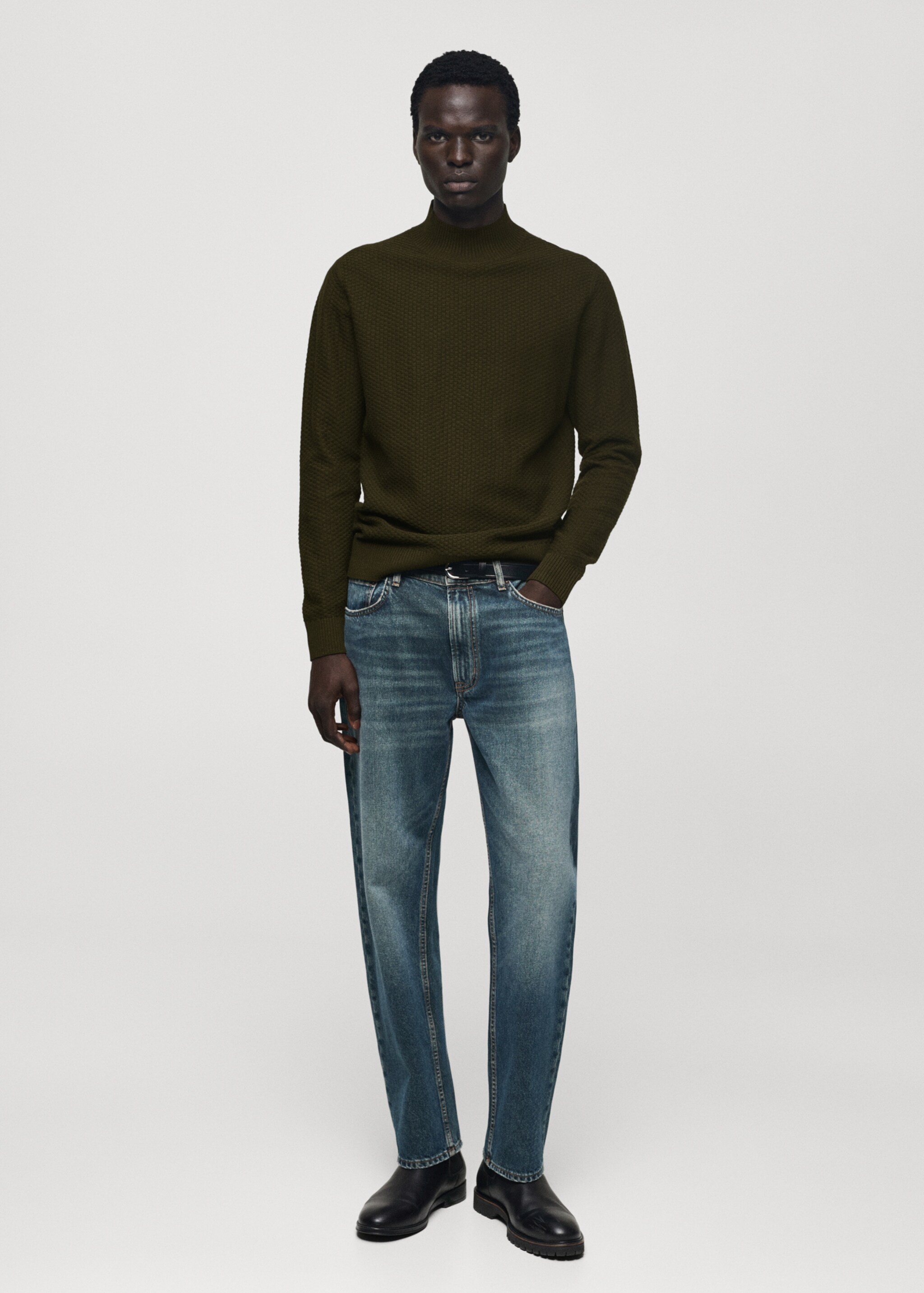 Cotton sweater with perkins-neck  structure - General plane, Khaki. Ref: 77007943-00.