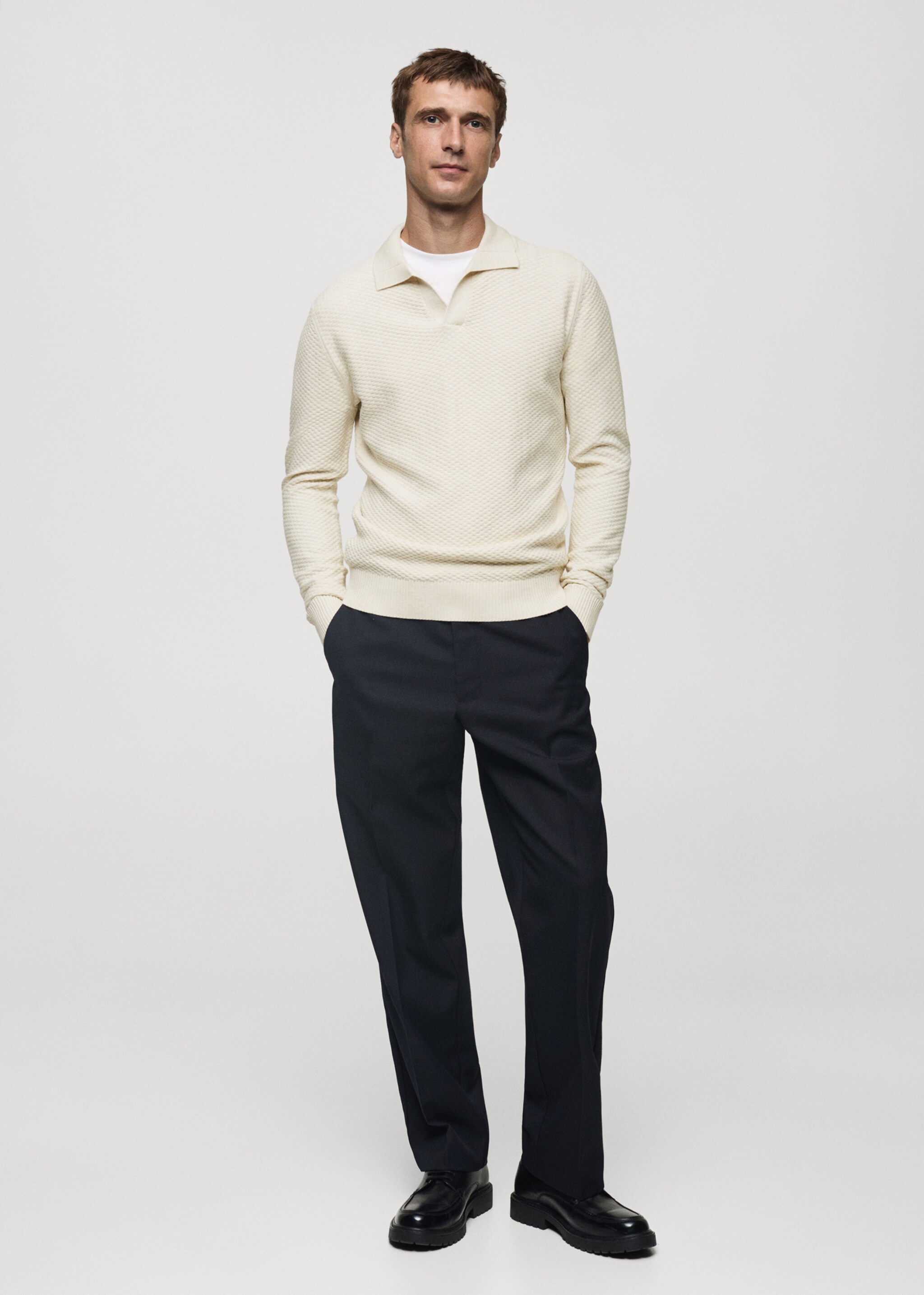 Cotton-blend structured polo sweater - General plane, Sand. Ref: 77007944-00.