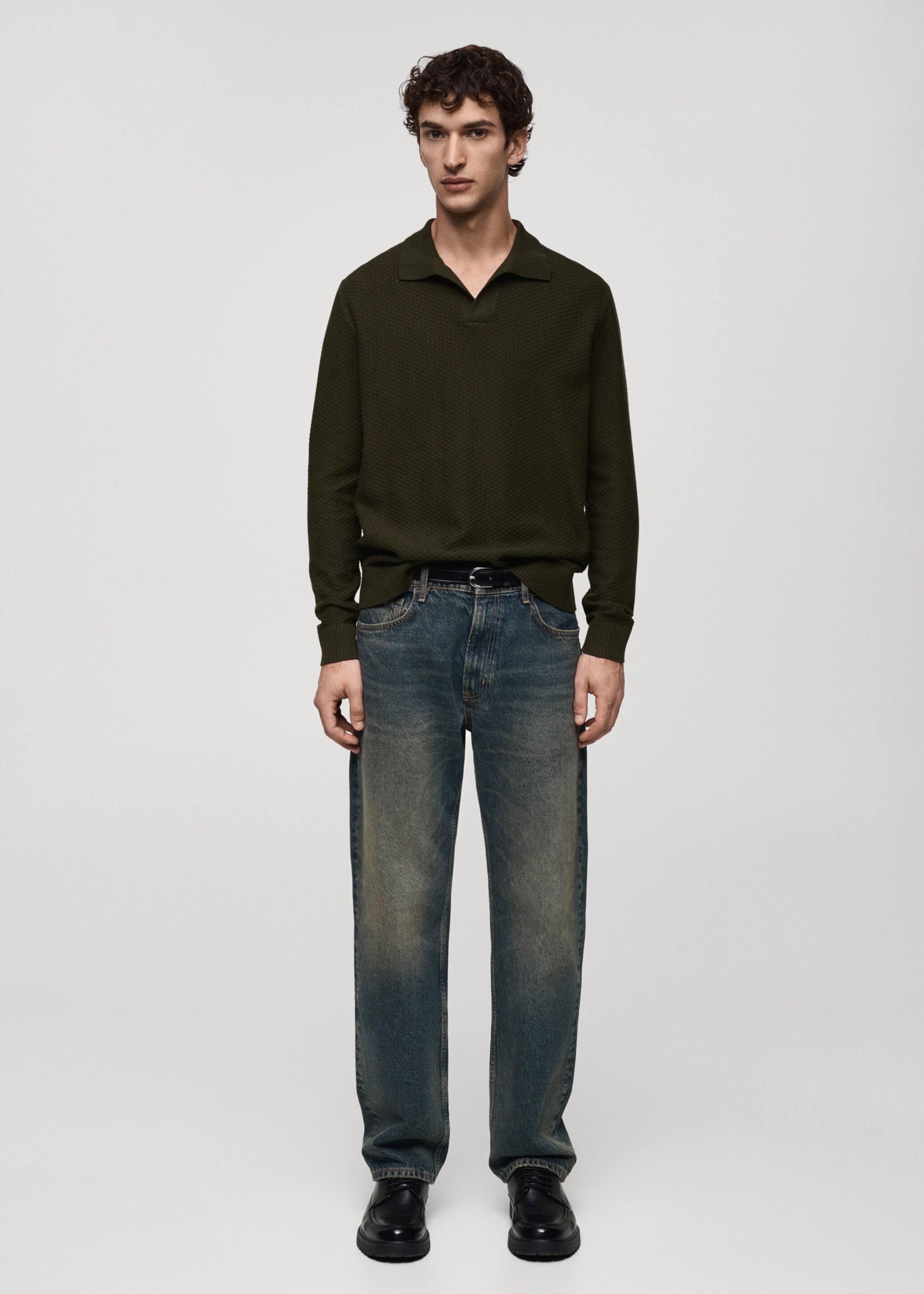 Strukturierter Pullover aus Baumwollgemisch mit Polo-Kragen - Allgemeine Ansicht, Khaki. Ref: 77007944-00.