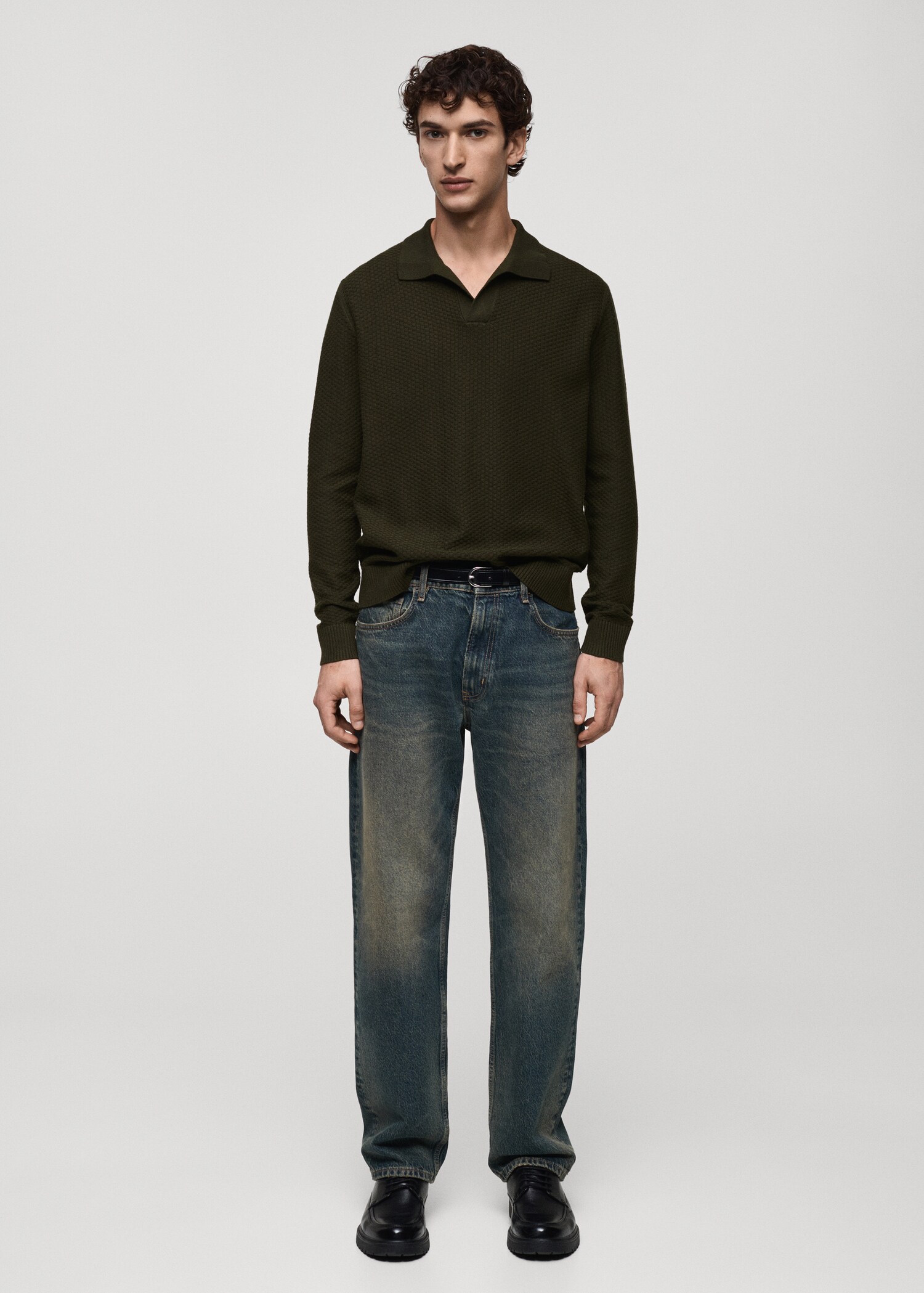 Strukturierter Pullover aus Baumwollgemisch mit Polo-Kragen - Allgemeine Ansicht