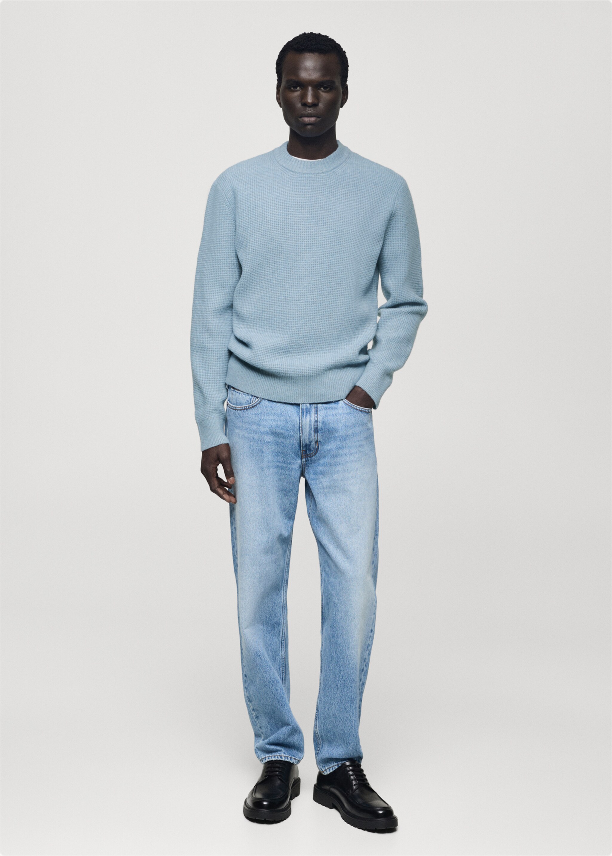 Knitted sweater with check structure - General plane, Sky Blue. Ref: 77007950-00.