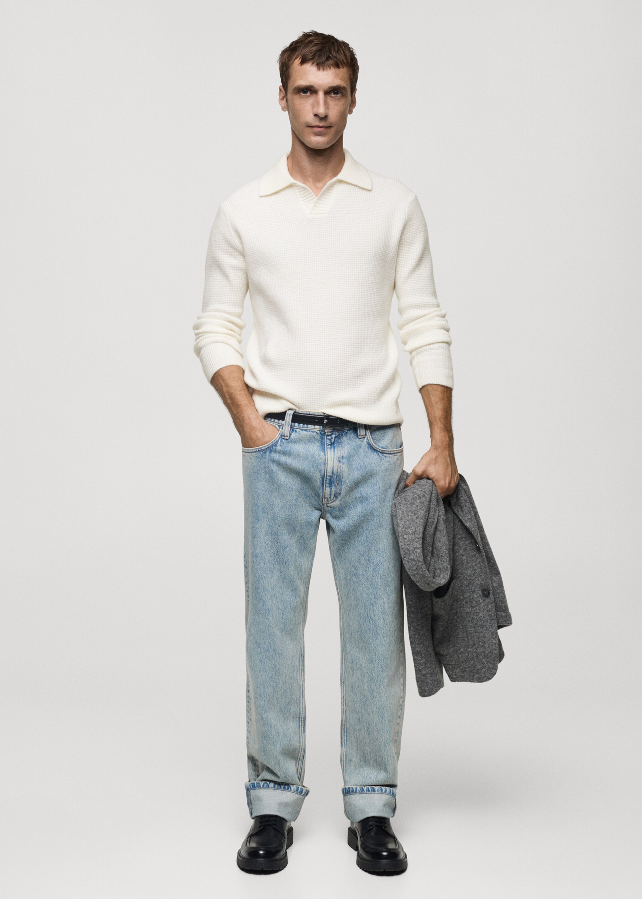 Knitted structured check polo sweater - General plane, Off White. Ref: 77007952-00.