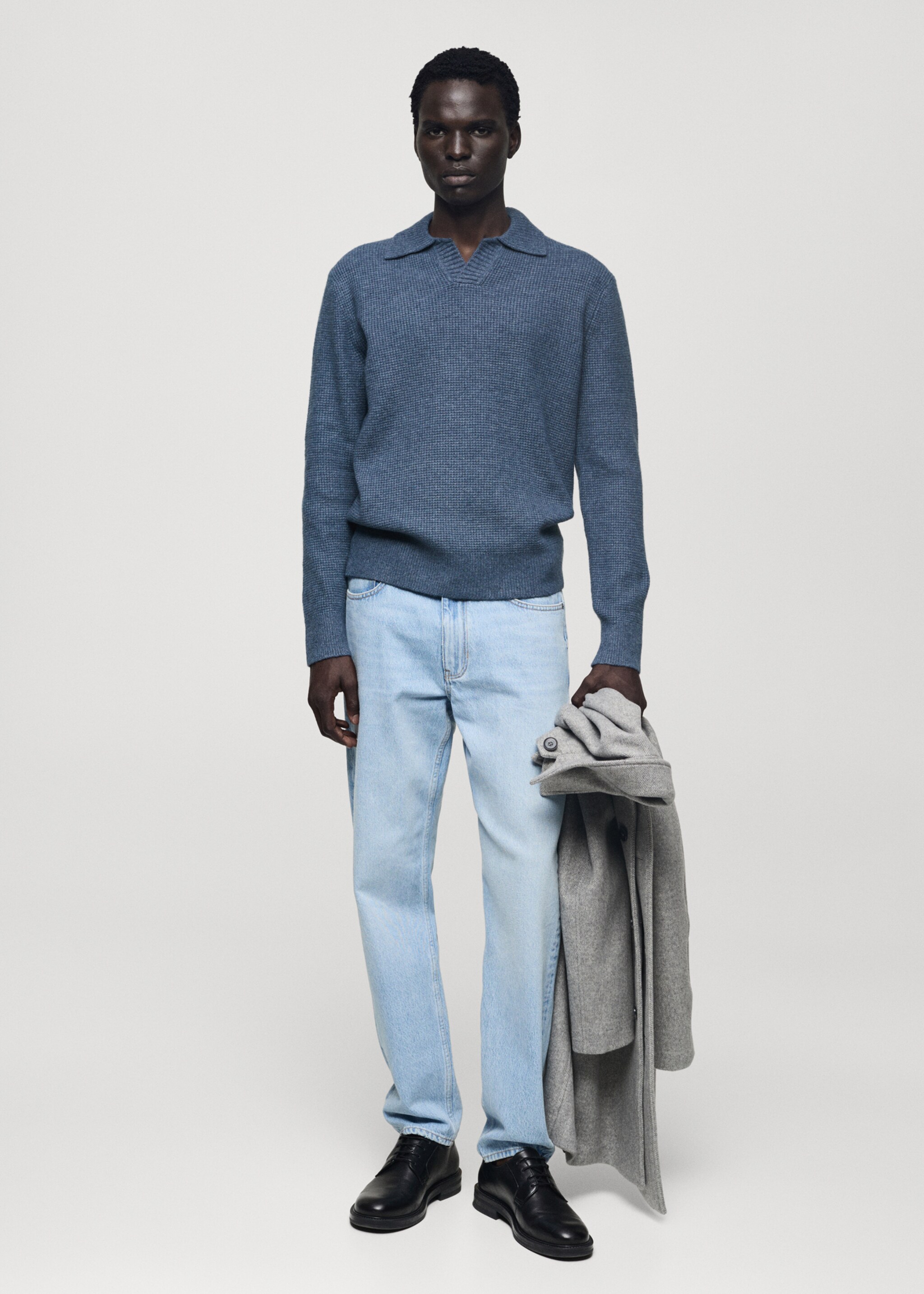 Knitted structured check polo sweater - General plane, China Blue. Ref: 77007952-00.