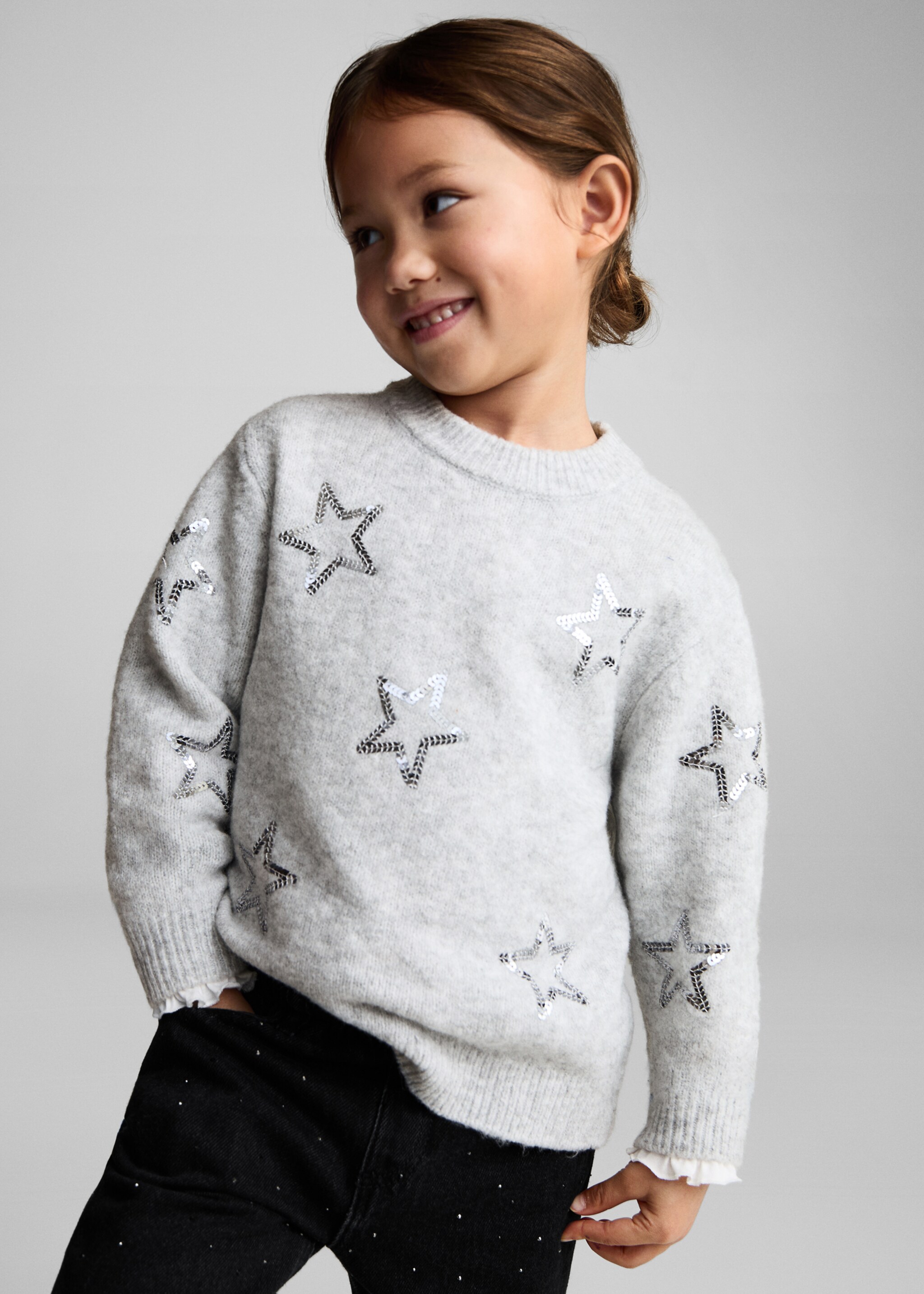 Pullover mit Pailletten-Sternen - Allgemeine Ansicht, Hellgrau meliert. Ref: 77009246-00.