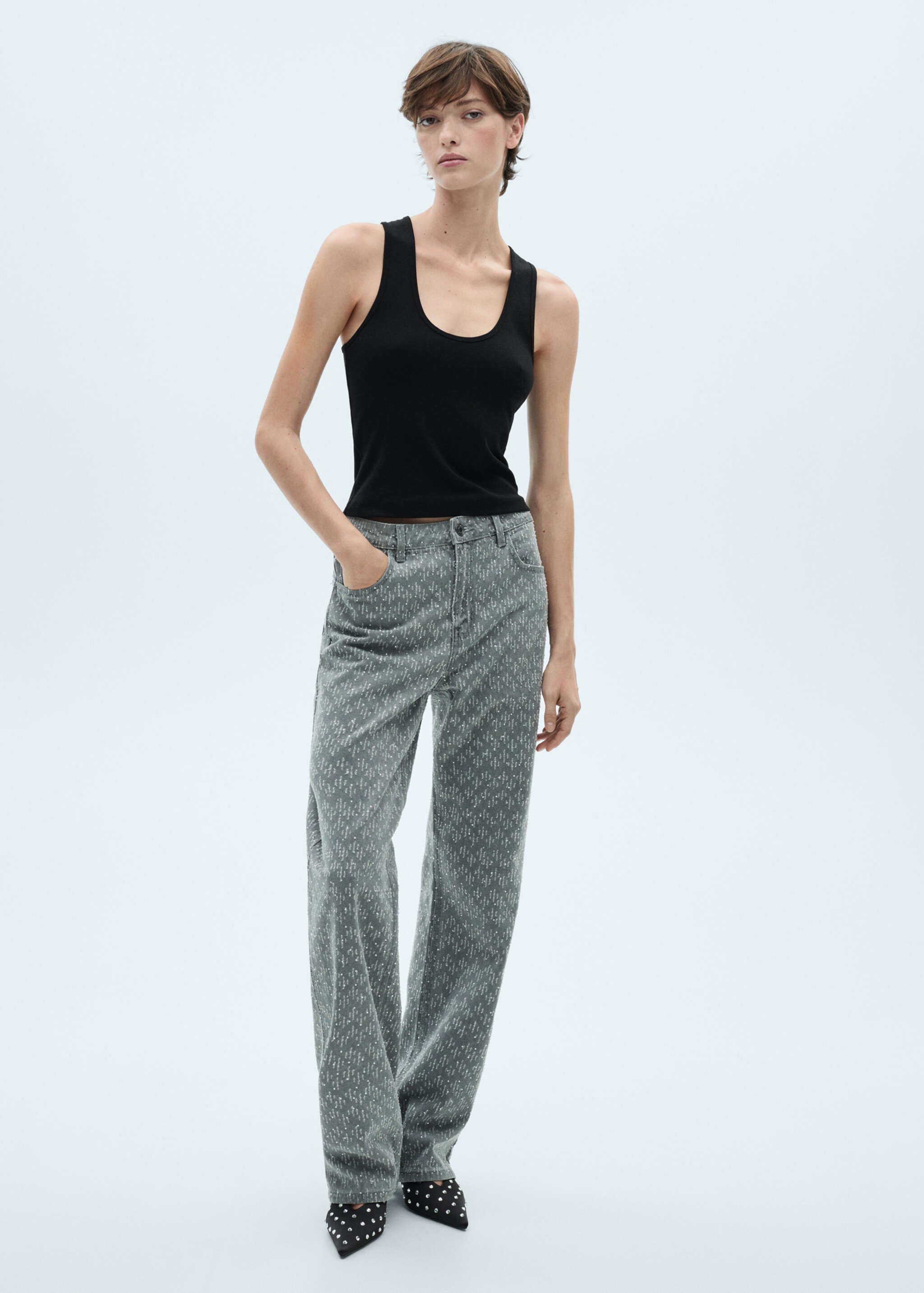 Cotton top with wide straps - General plane, Black. Ref: 77009407-00.