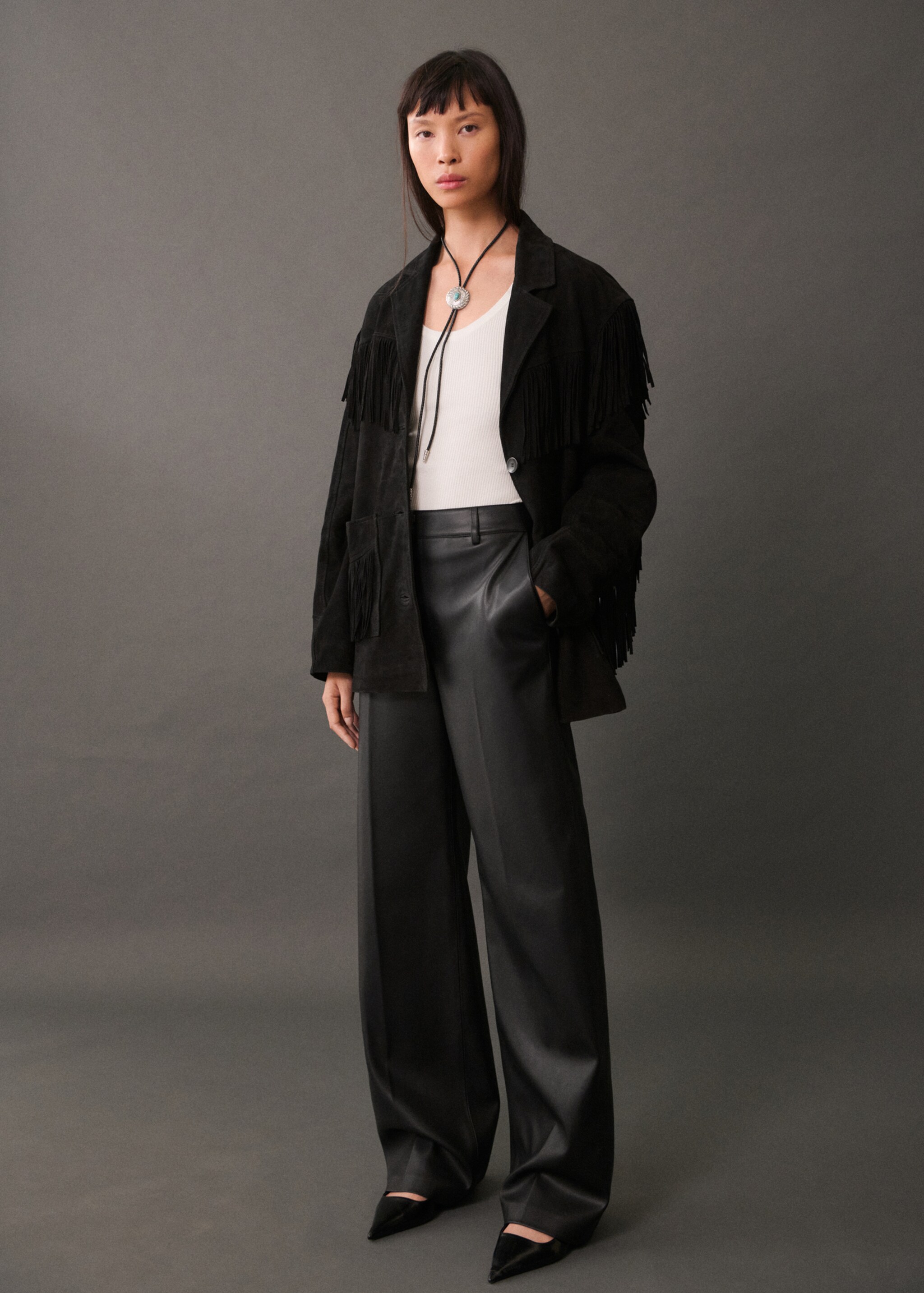 Wideleg broek van imitatieleer - Overzichtstekening, Zwart. Ref: 77016734-00.
