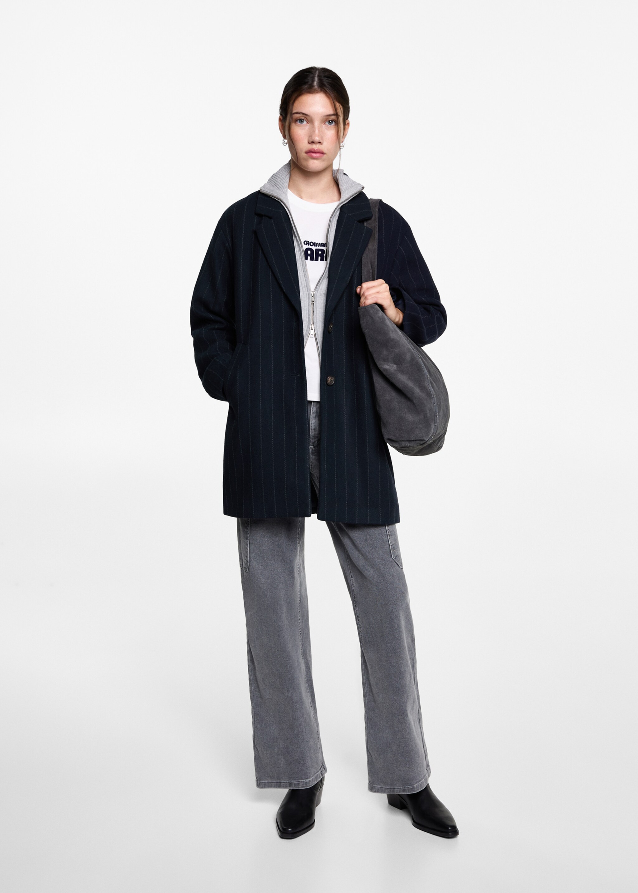 Gestreifter Wollmantel - Allgemeine Ansicht, Dunkles Marineblau. Ref: 77016742-00.