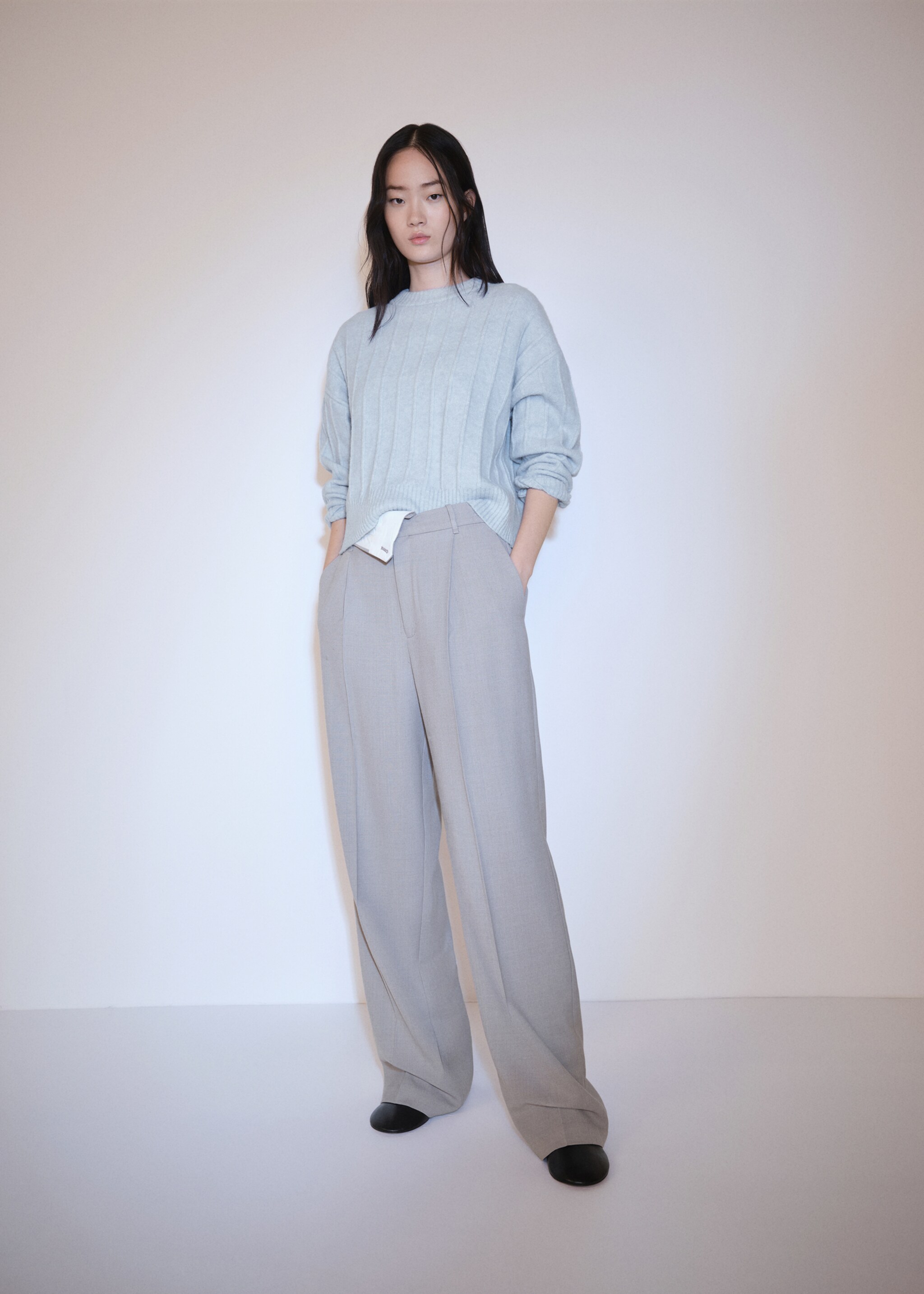 Úpletový svetr s výstřihem perkins - Celkový náhled, Modrá obloha. Ref: 77017705-00.