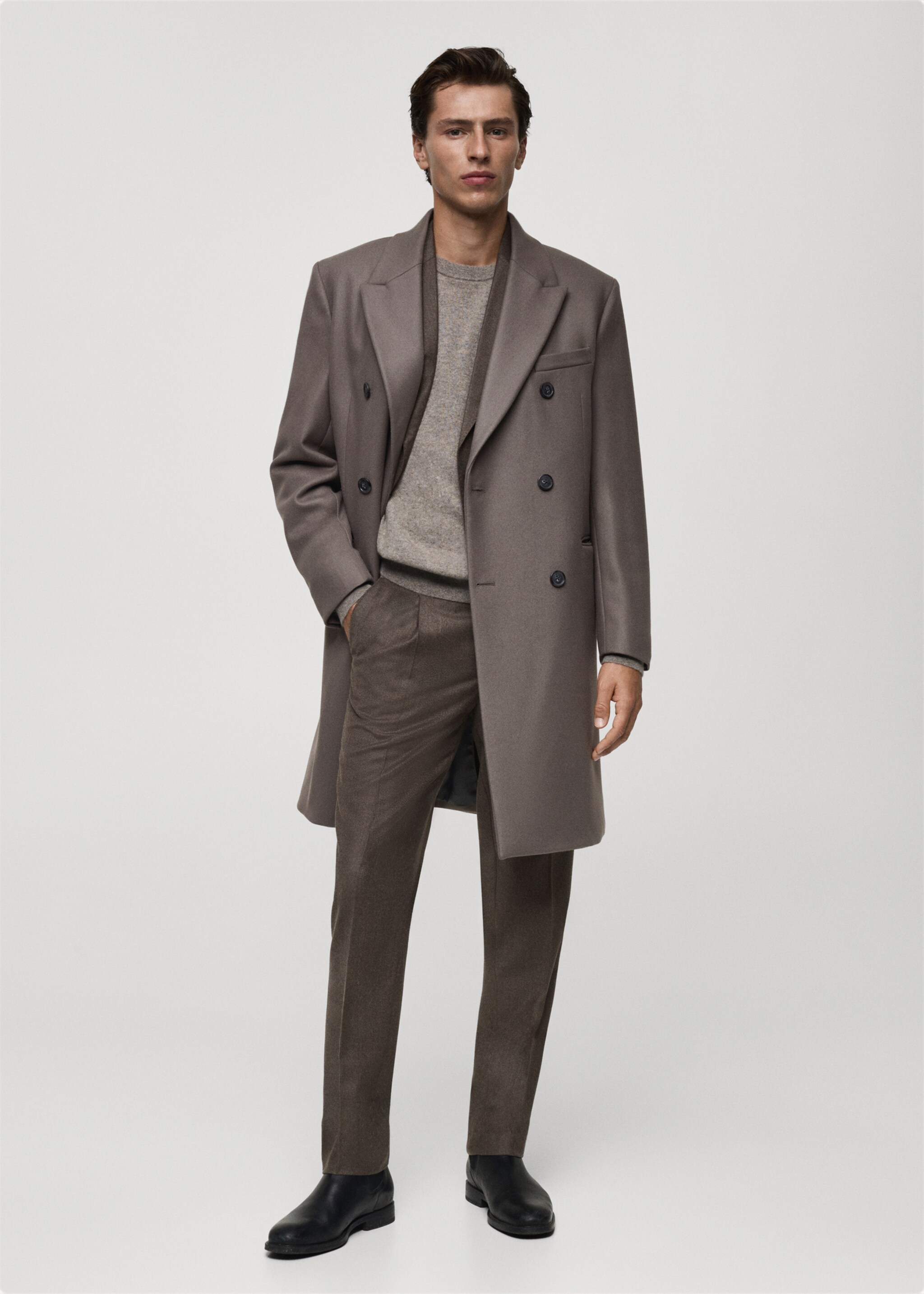 100% Italian wool double-breasted coat - General plane, Medium Brown. Ref: 77017919-00.