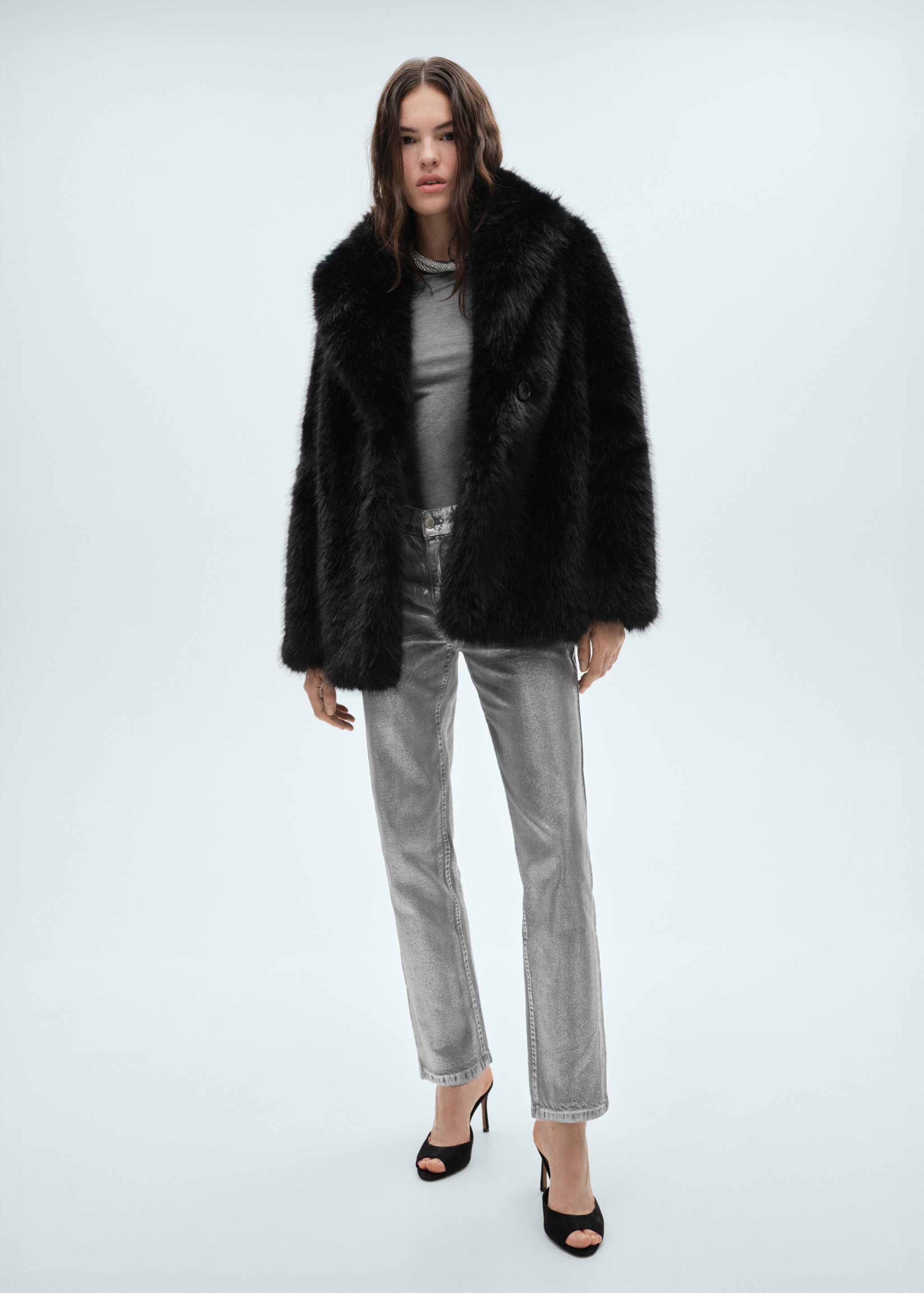 Παλτό συνθετική γούνα με πέτο - Γενικό πλάνο, Μαύρο. Ref: 77019032-00.