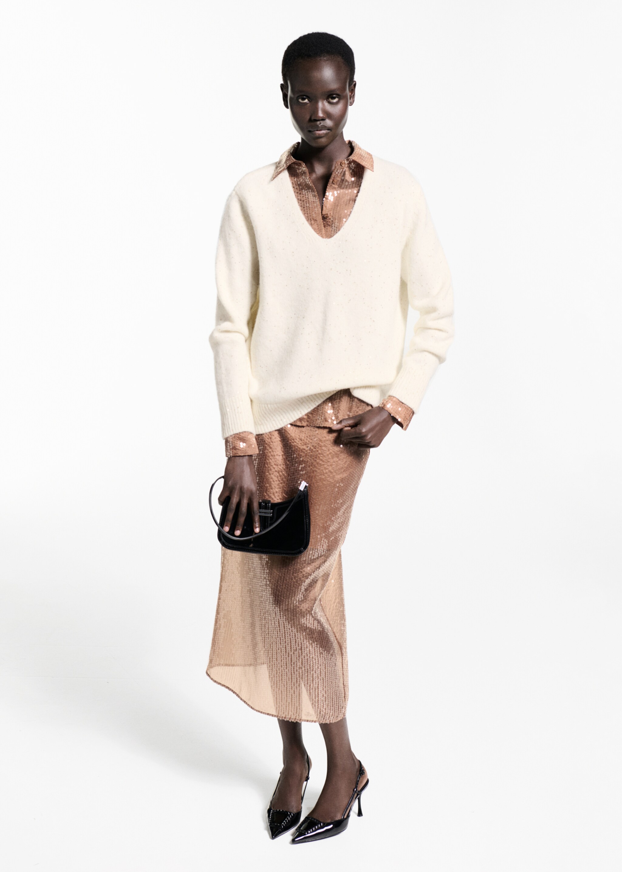 V-neck sequin sweater - General plane, Gold. Ref: 77019072-00.