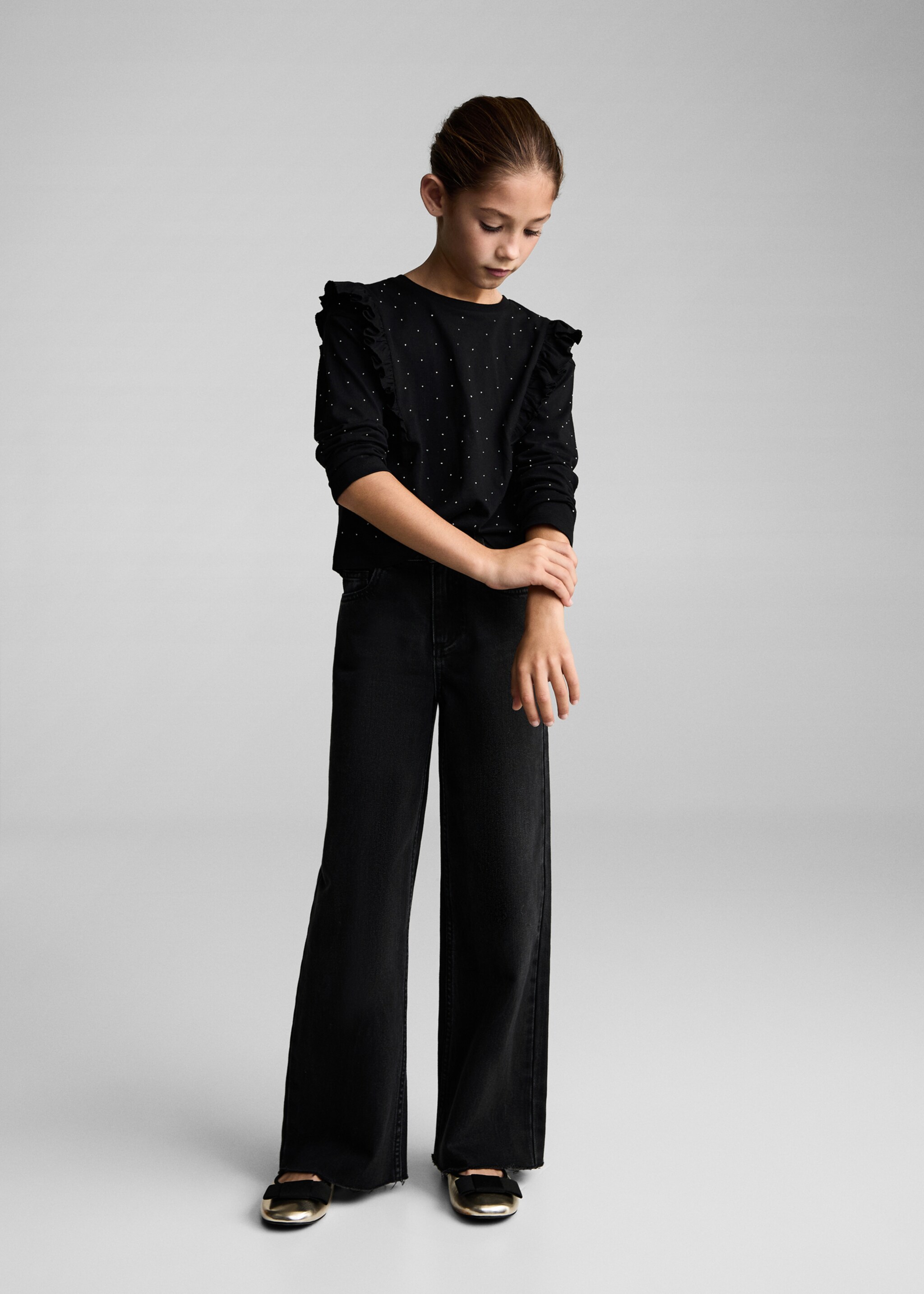 Ruffle rhinestones t-shirt - General plane, Black. Ref: 77019238-00.