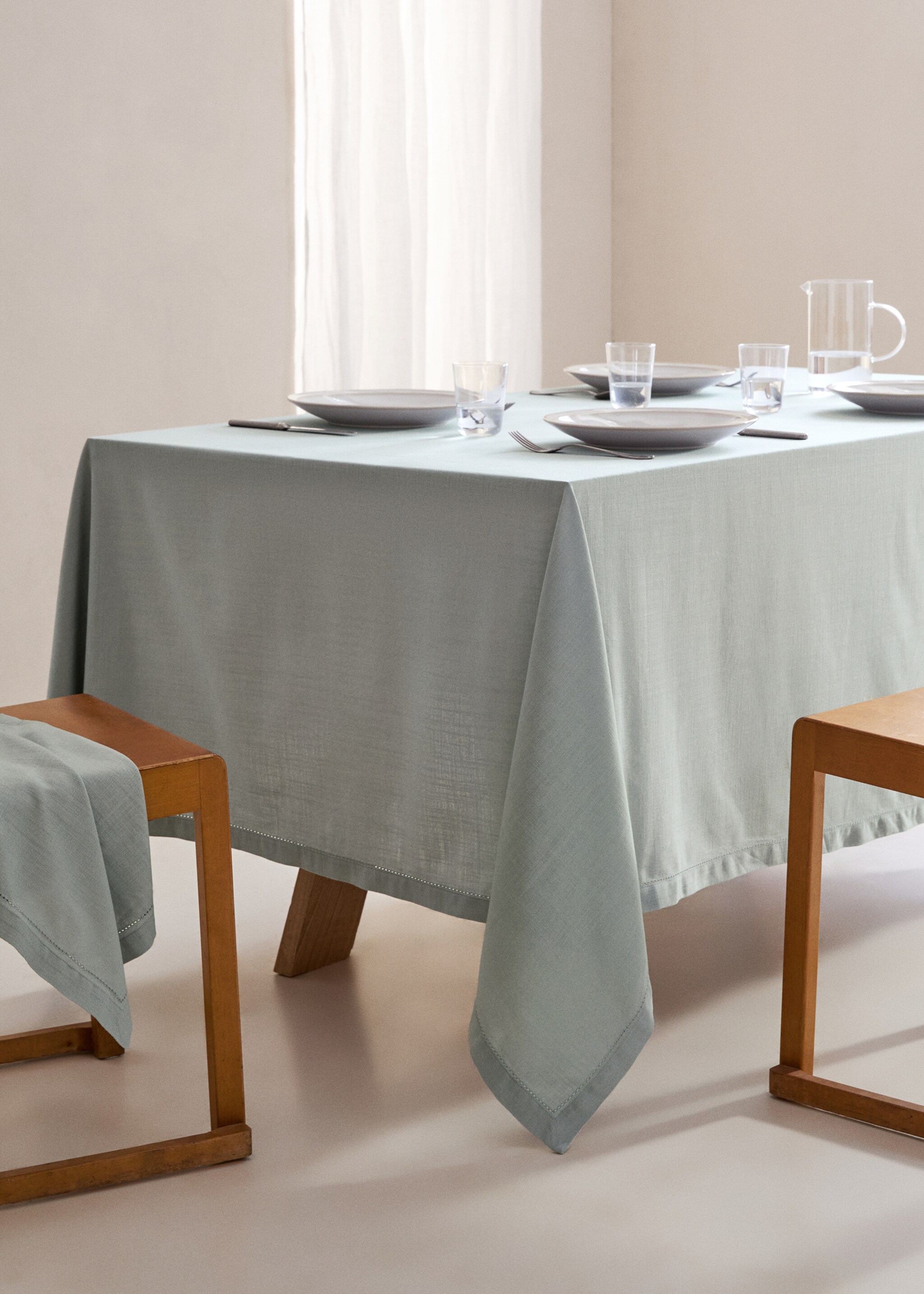 Embroidered hemstitch tablecloth for 2 to 4 diners - General plane, Aqua Green. Ref: 77023281-00.