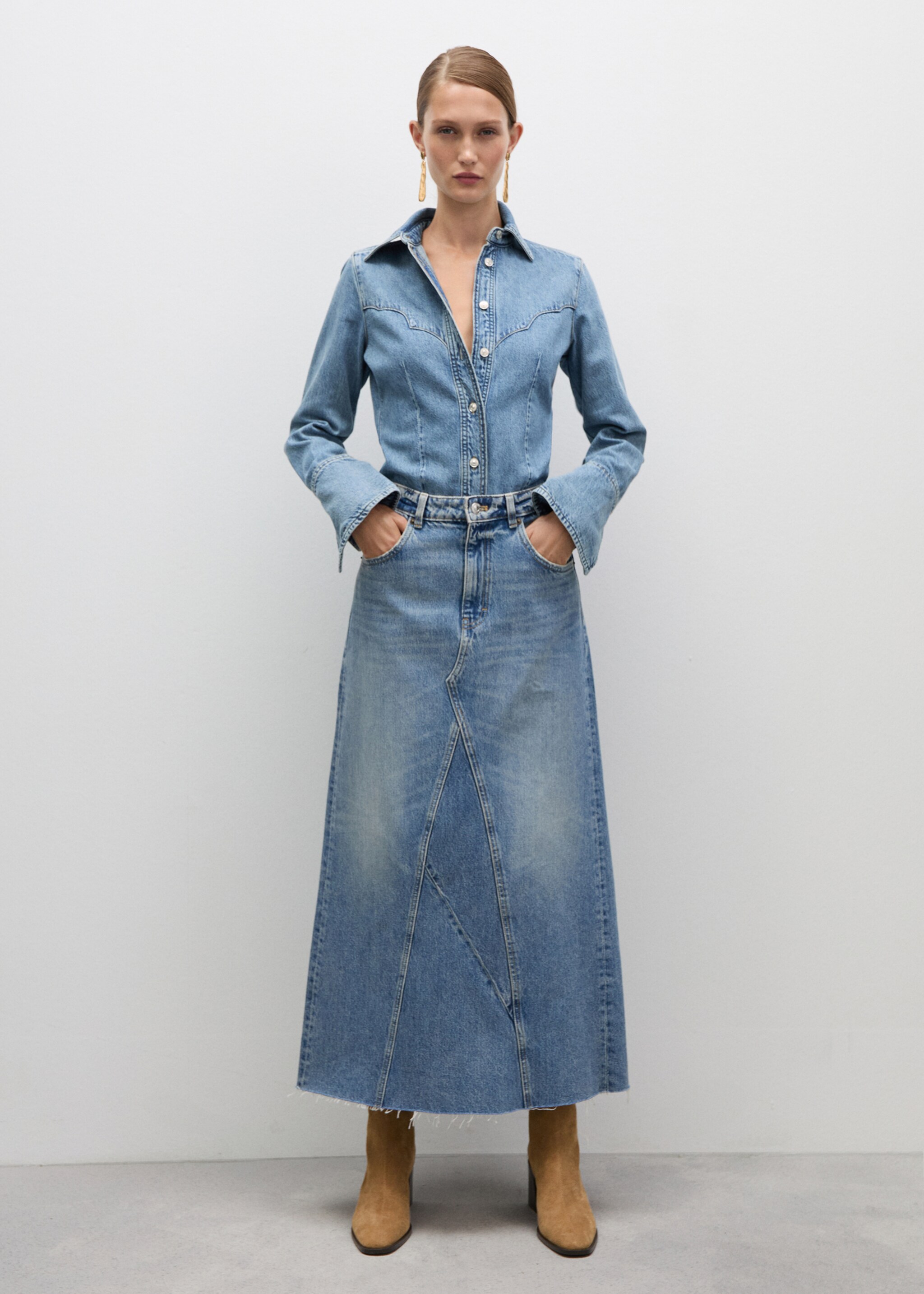 Skjorte i denim med sømmer - Total bildeutsnitt, Halvblå. Ref: 77024039-00.