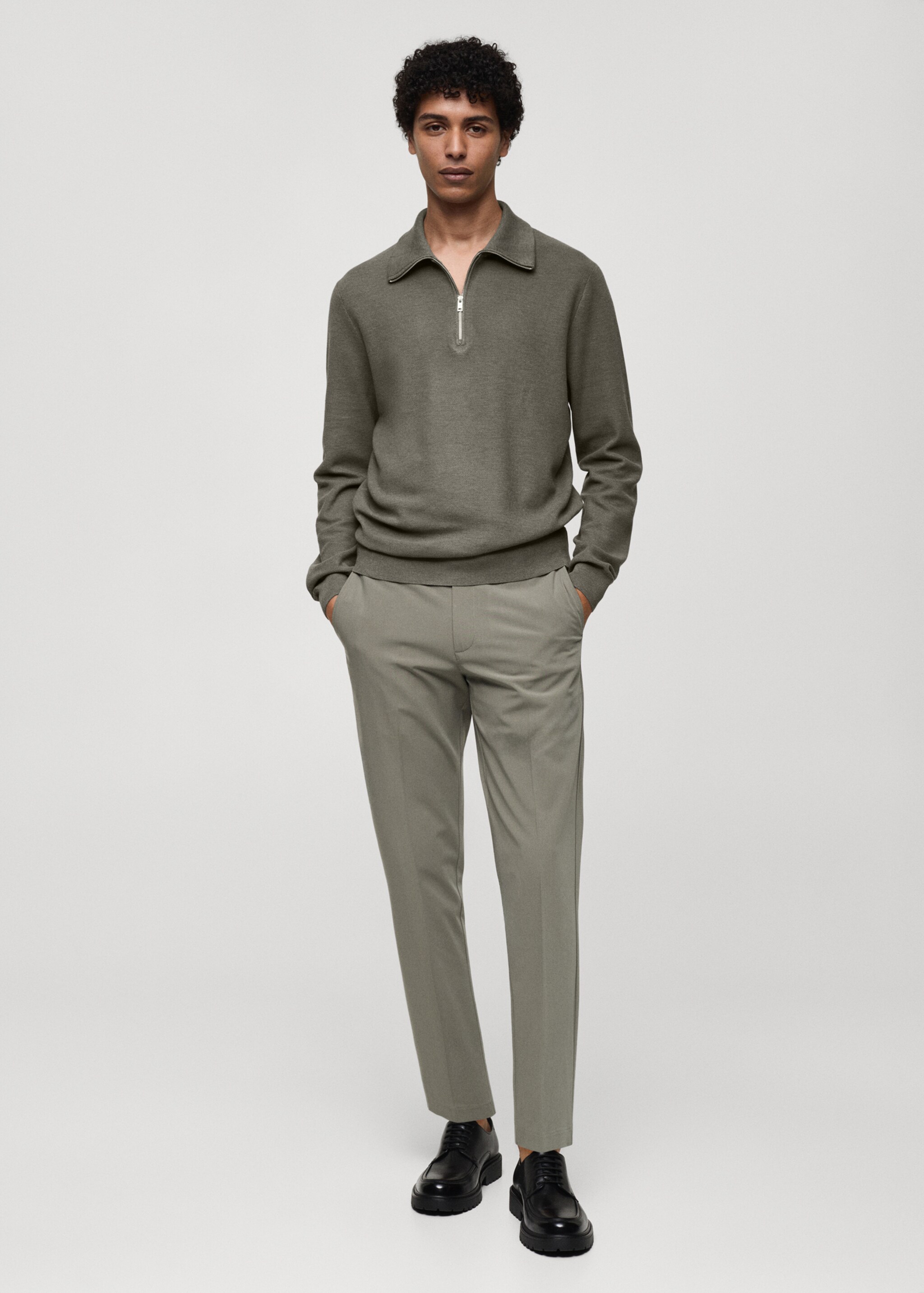 Sweater with polo-neck structure and zip - General plane, Olive Green. Ref: 77024448-00.