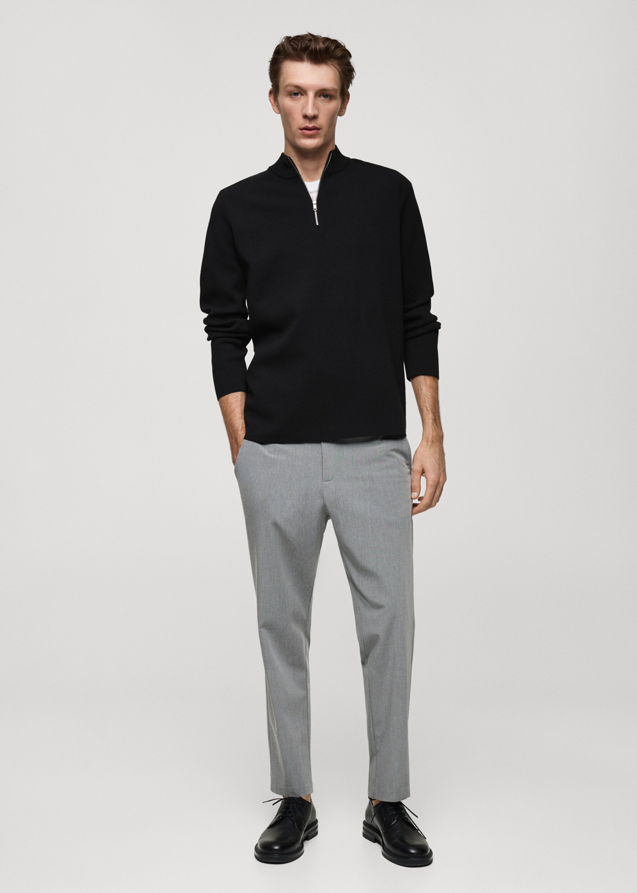 Medium-knit sweater with zip-up perkins neck - General plane, Black. Ref: 77025975-00.