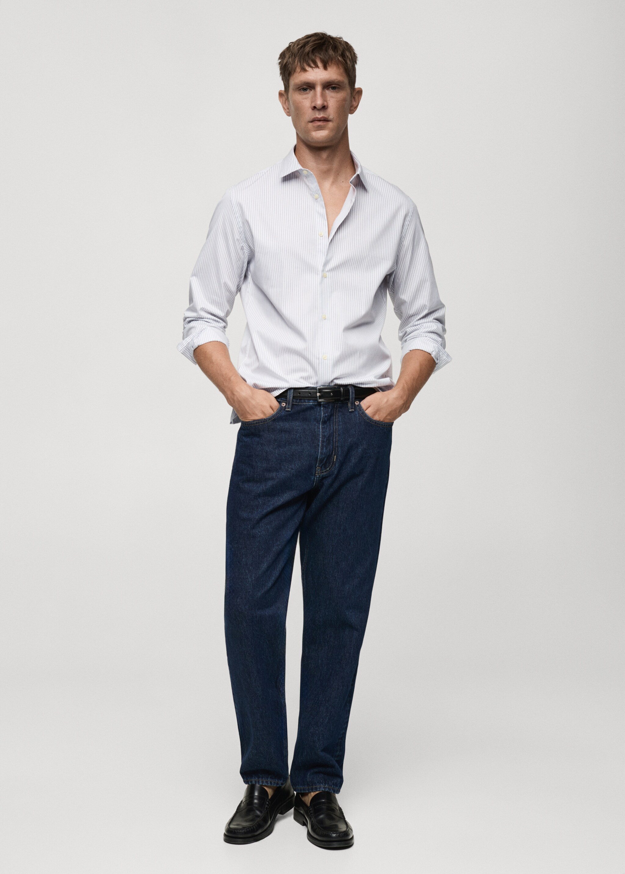 Camisa slim fit algodón rayas - Plano general, Blanco. Ref: 77025981-00.