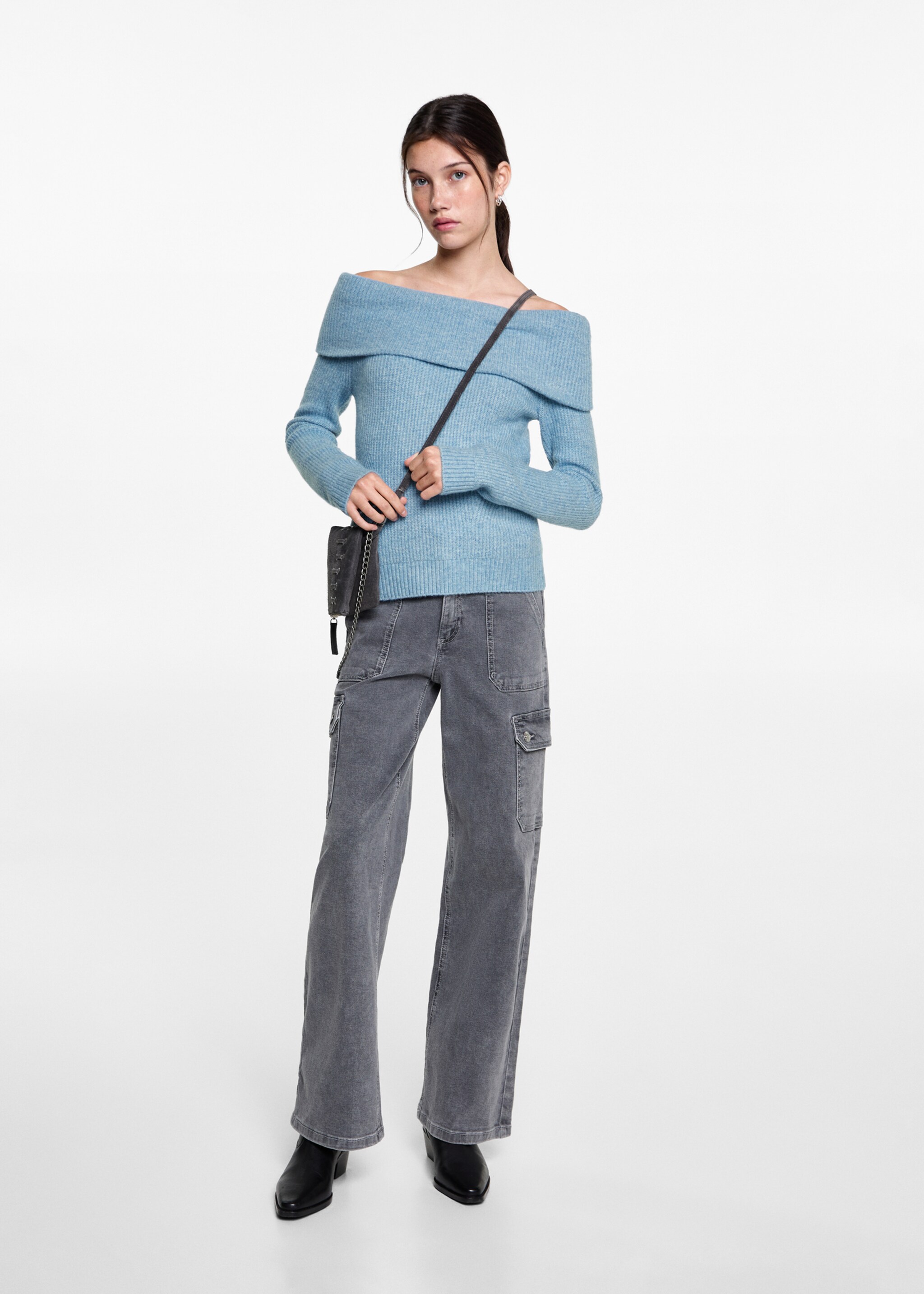 Schulterfreier Strickpullover - Allgemeine Ansicht, Himmelblau. Ref: 77026750-00.