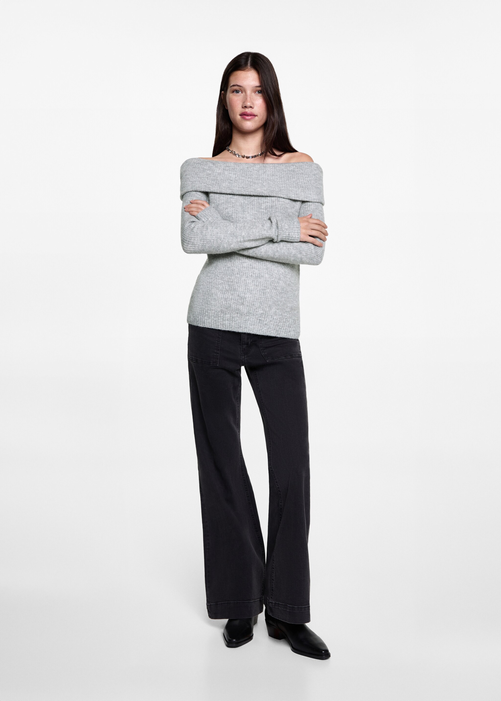 Schulterfreier Strickpullover - Allgemeine Ansicht, Grau. Ref: 77026750-00.