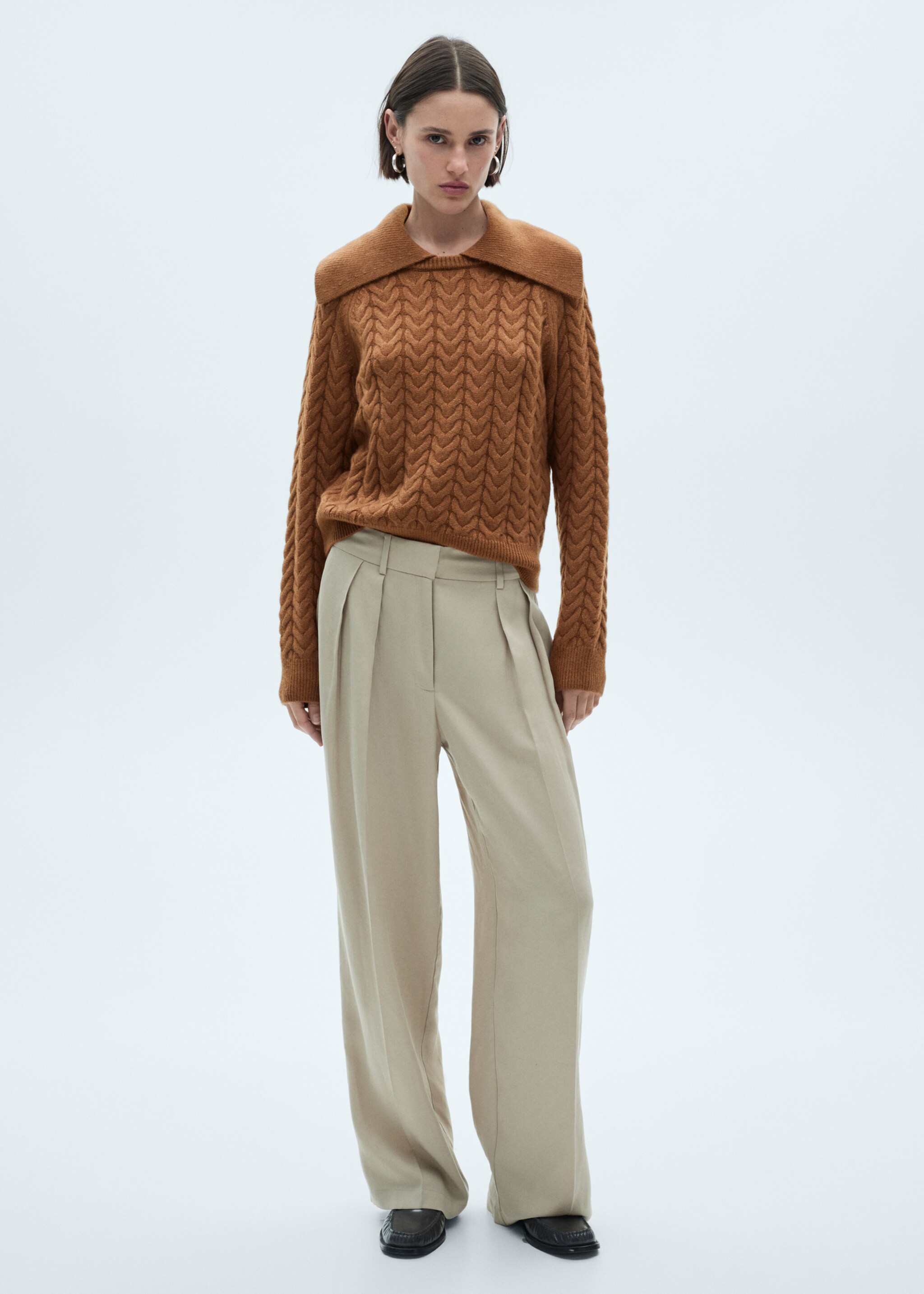 Braided sweater with lapel collar - General plane, Caramel. Ref: 77027671-00.