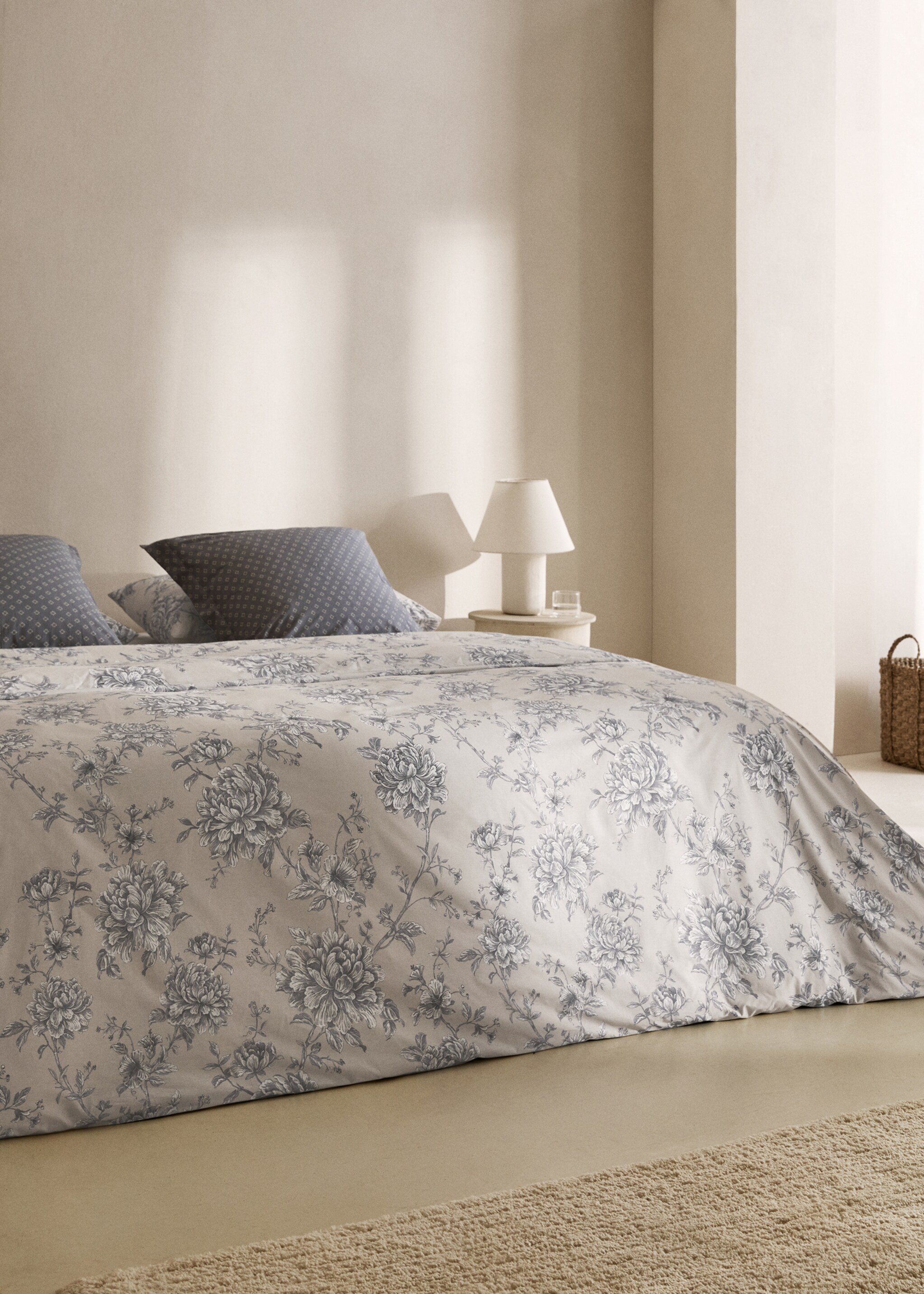 Percale cotton floral-print duvet cover for 90cm bed - General plane, Blue. Ref: 77027686-00.