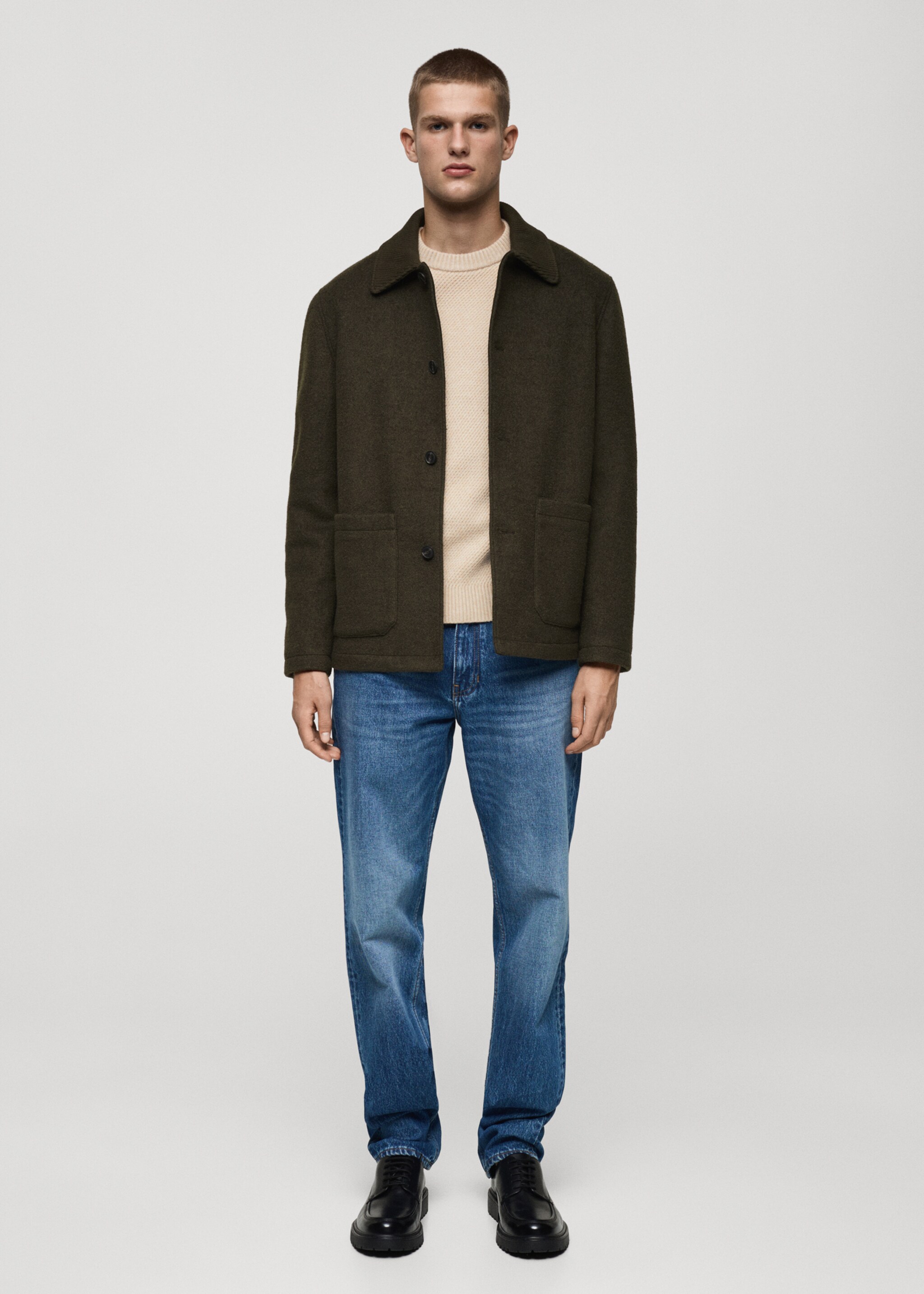 Jakke i krøllete ull med lommer - Total bildeutsnitt, Khaki. Ref: 77027914-00.