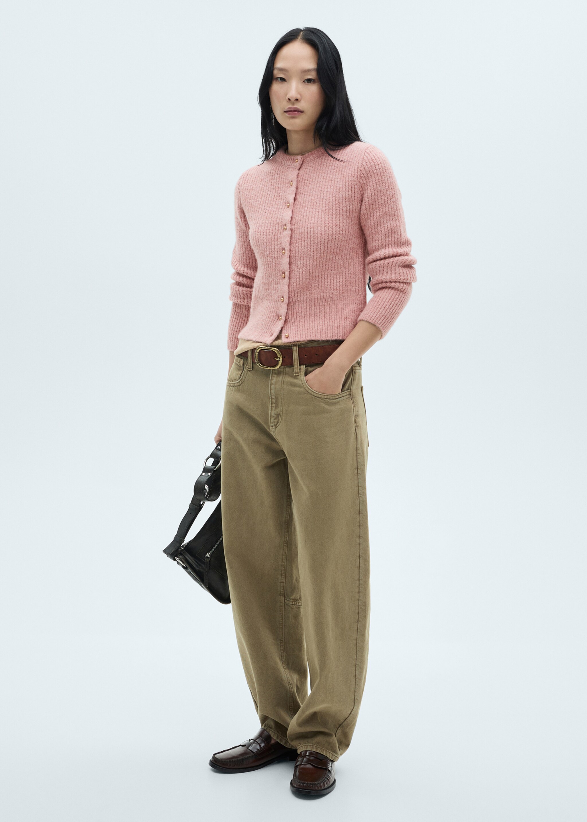 Knitted cardigan with jewel button - General plane, Pale Pink. Ref: 77029071-00.