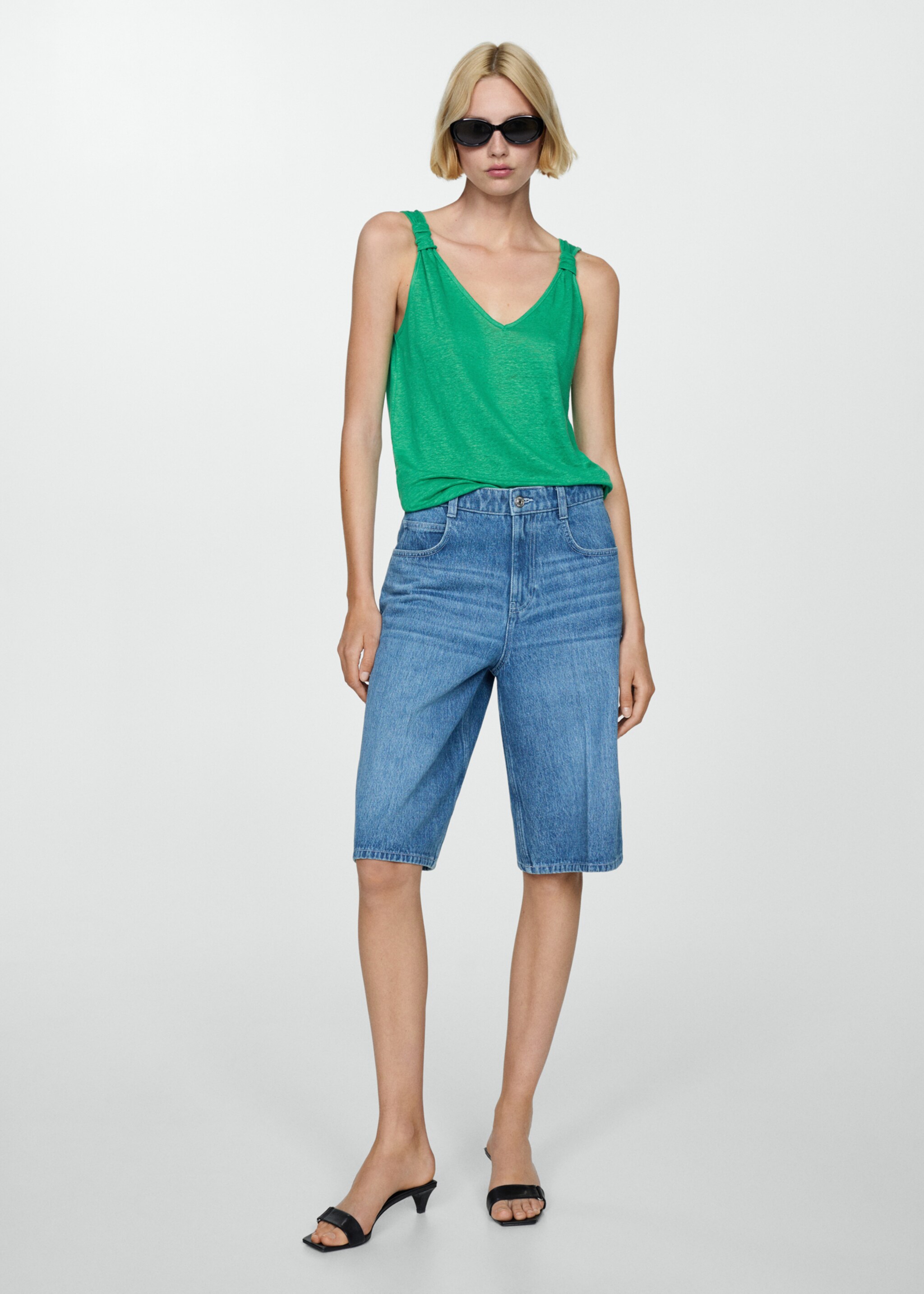 Linen top with knotted straps - General plane, Green. Ref: 77030360-00.
