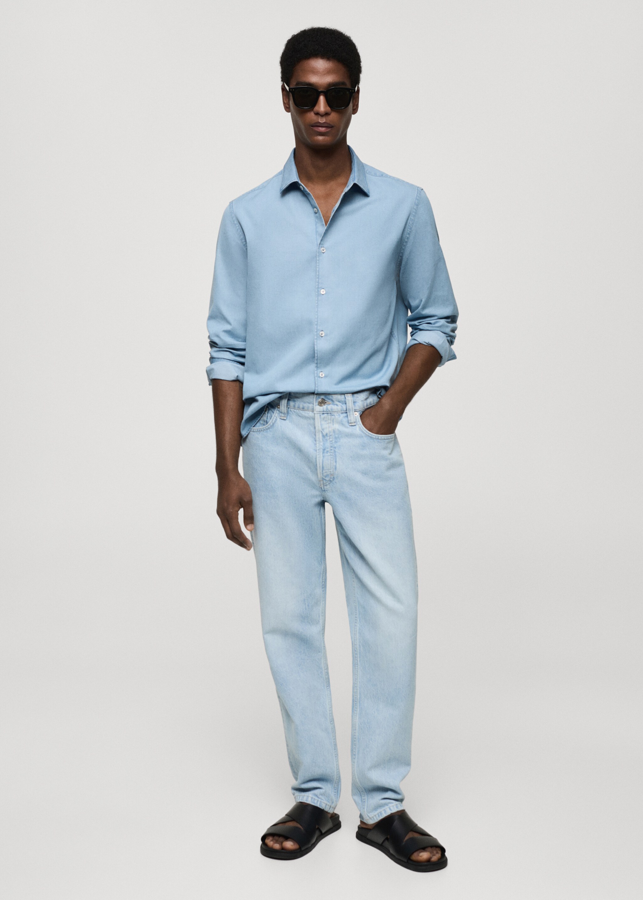 Camisa regular fit chambray algodón - Plano general, Azul claro. Ref: 77034439-00.